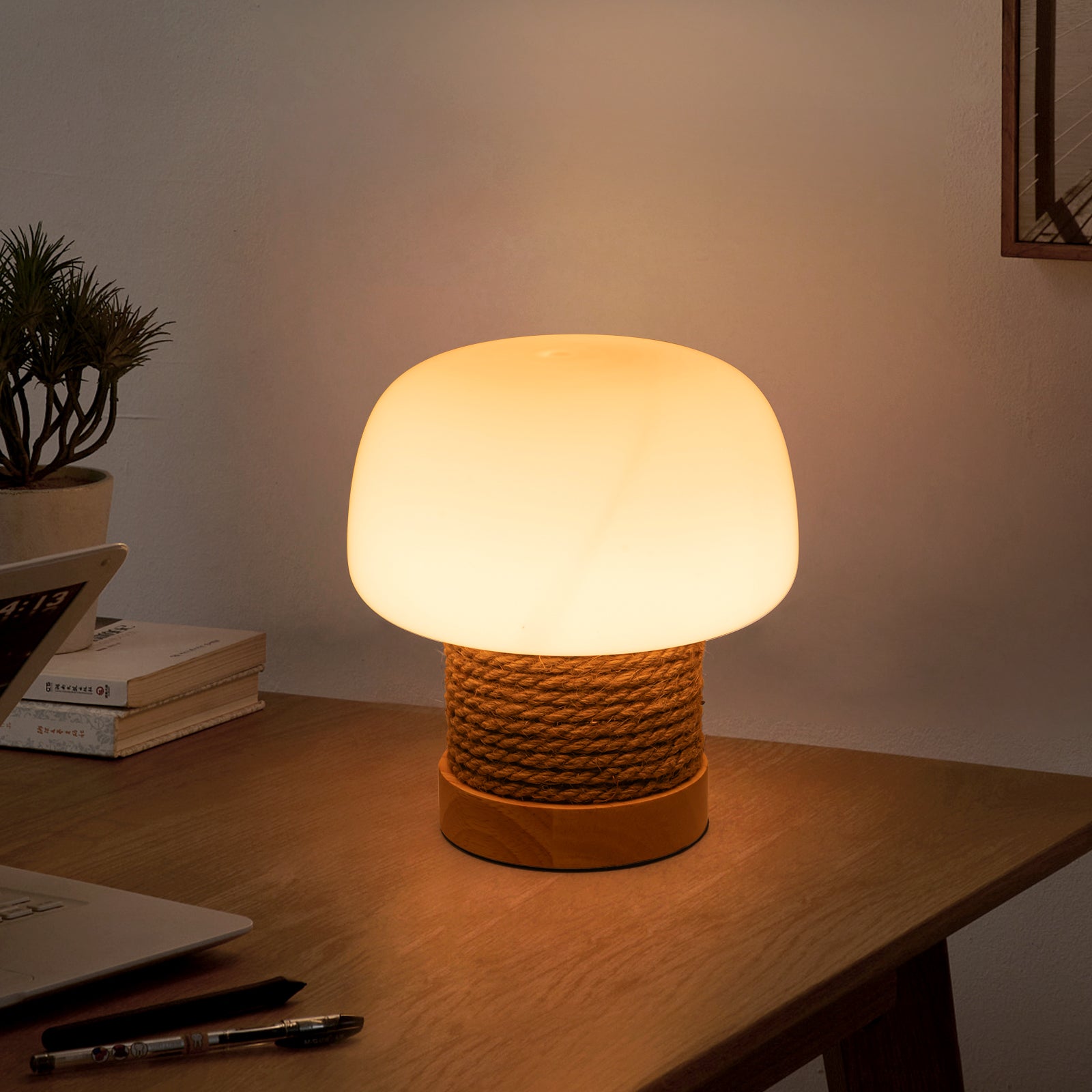 Glowlings 1-Light Vintage Mushroom Glass Wooden Small Table Lamp Night Light