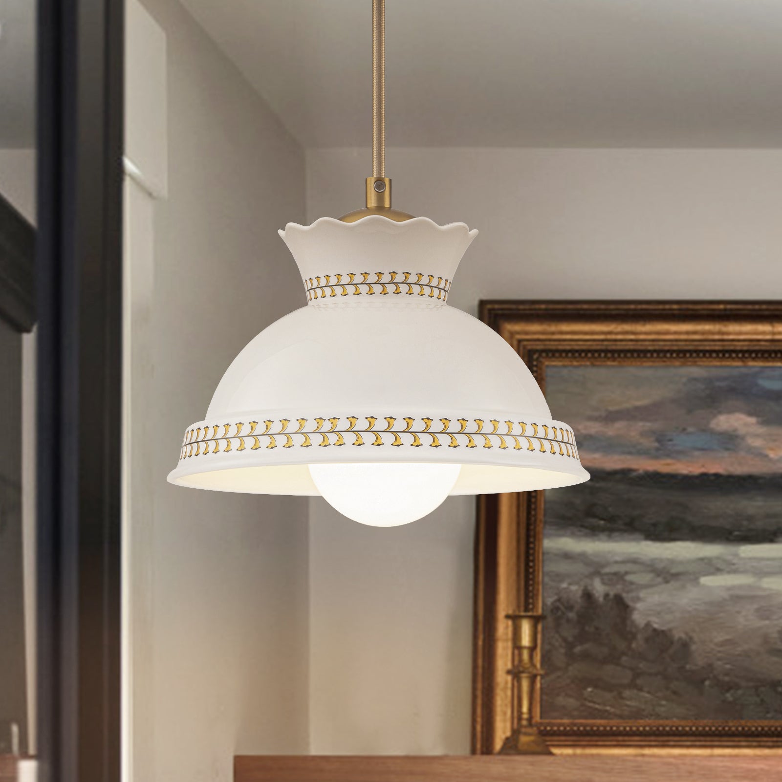 Glowlings 1-Light Vintage White Ceramic Boho Mini Pendant Light with Brass Accents