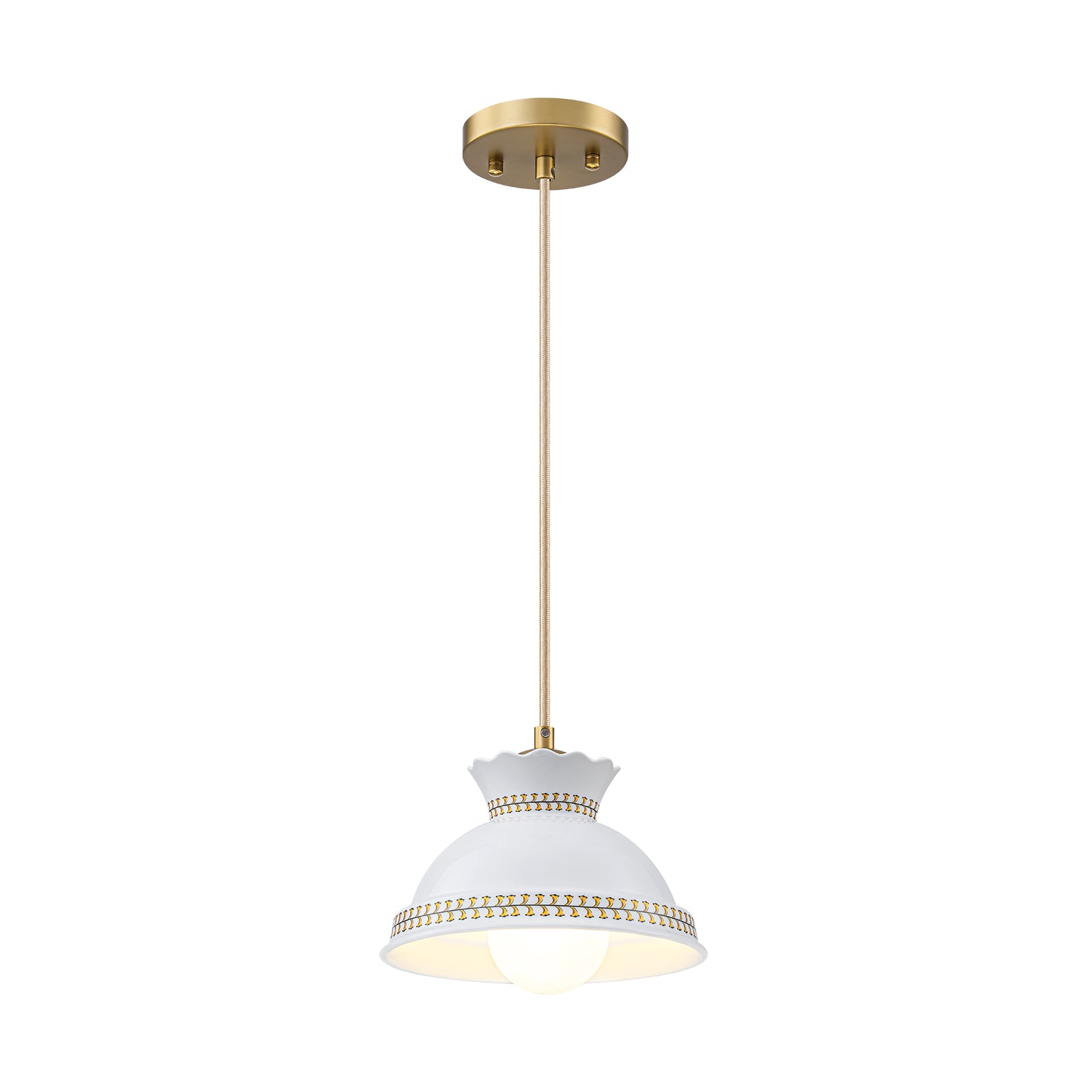 Glowlings 1-Light Vintage White Ceramic Boho Mini Pendant Light with Brass Accents