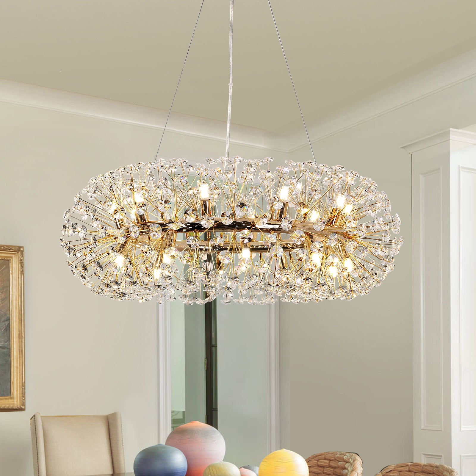 20 Light Dandelion Crystal Chandelier Firework Round Pendant N A French Gold