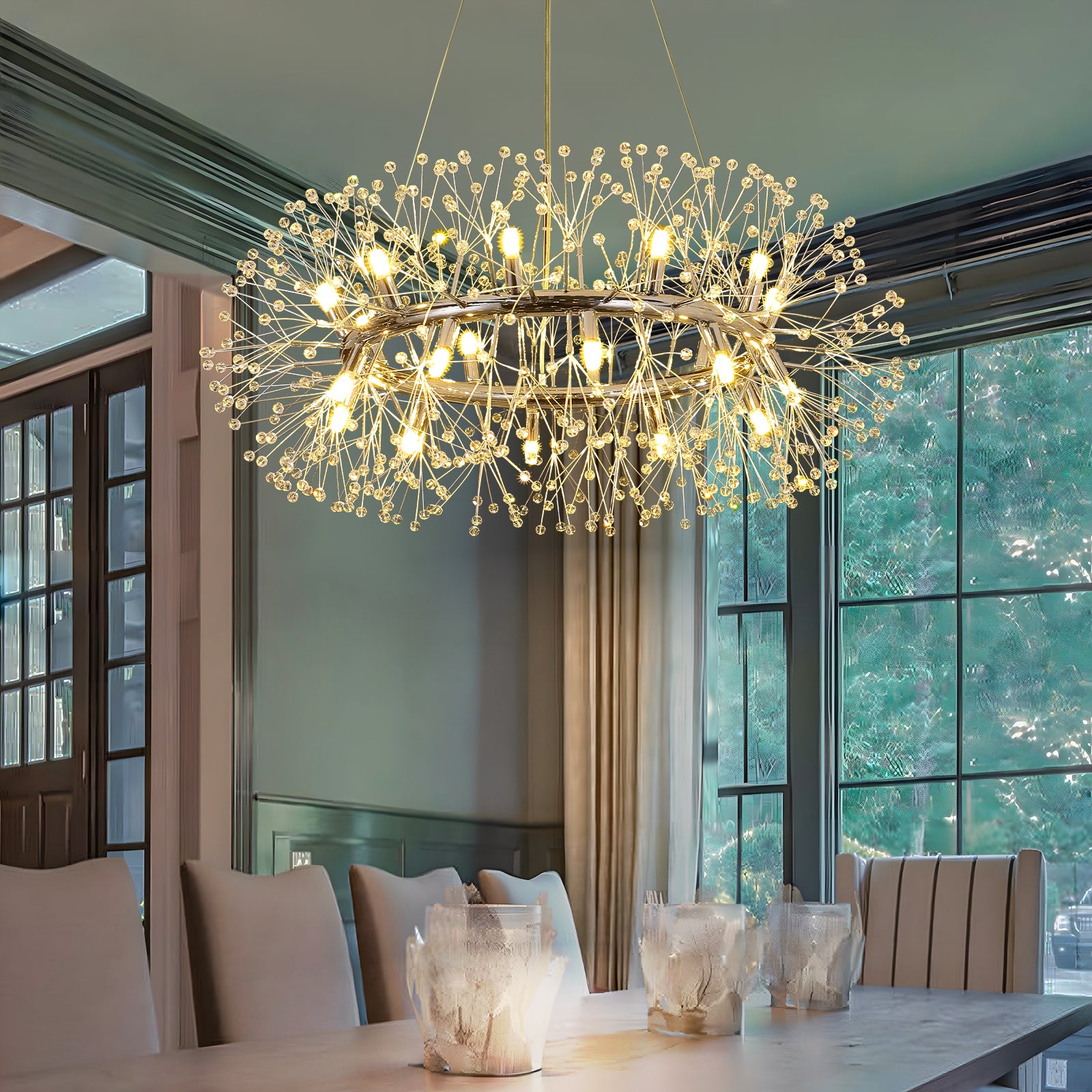 Glowlings 20-Light Vintage 37"Wide Large Round Gold Dandelion Crystal Chandelier