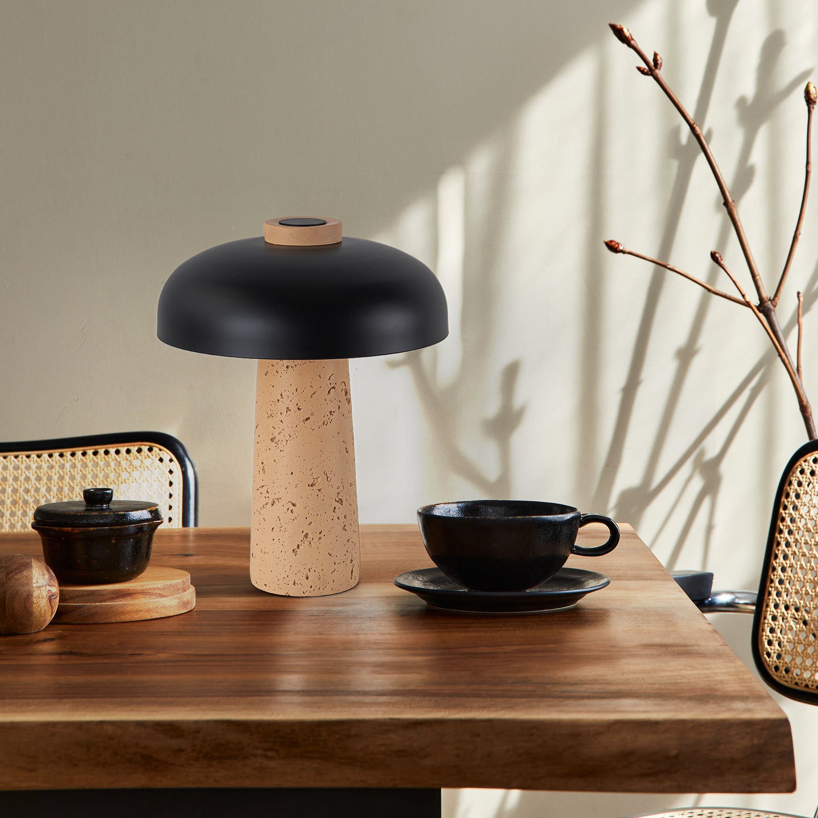 Glowlings 2-Light Black Natural Mushroom Stone Small Side Table Lamp