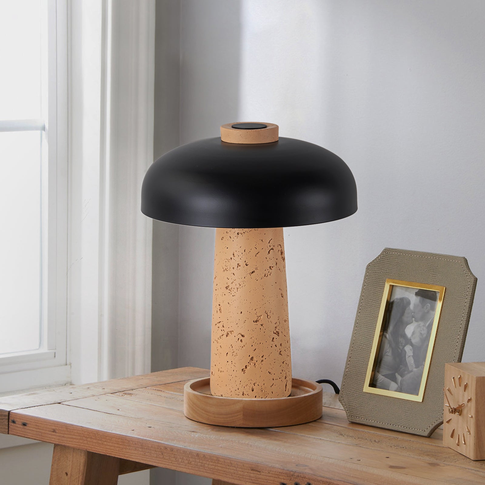 Glowlings 2-Light Black Natural Mushroom Stone Small Side Table Lamp