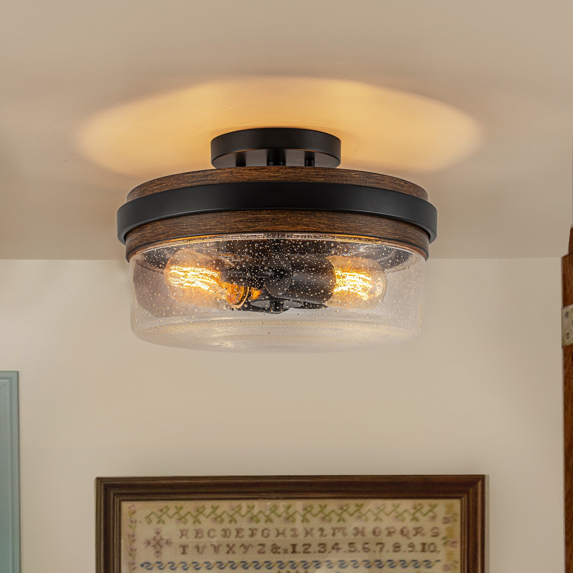 Glowlings 2-Light Farmhouse Drum Semi Flush Mount Ceiling Light with Seeded Glass Shade & Wood Grain Accent