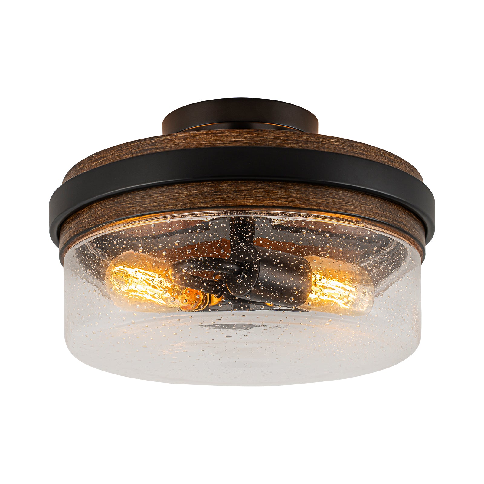 Glowlings 2-Light Farmhouse Drum Semi Flush Mount Ceiling Light with Seeded Glass Shade & Wood Grain Accent