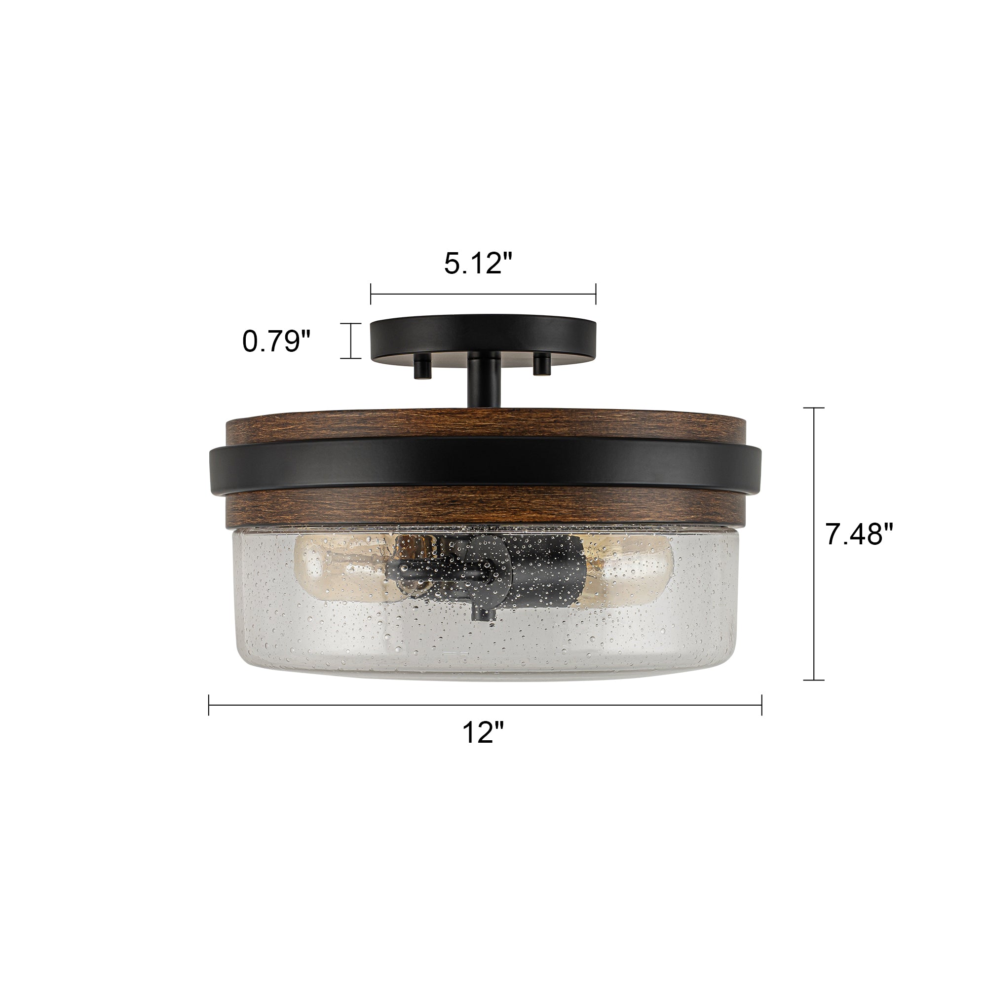 Glowlings 2-Light Farmhouse Drum Semi Flush Mount Ceiling Light with Seeded Glass Shade & Wood Grain Accent