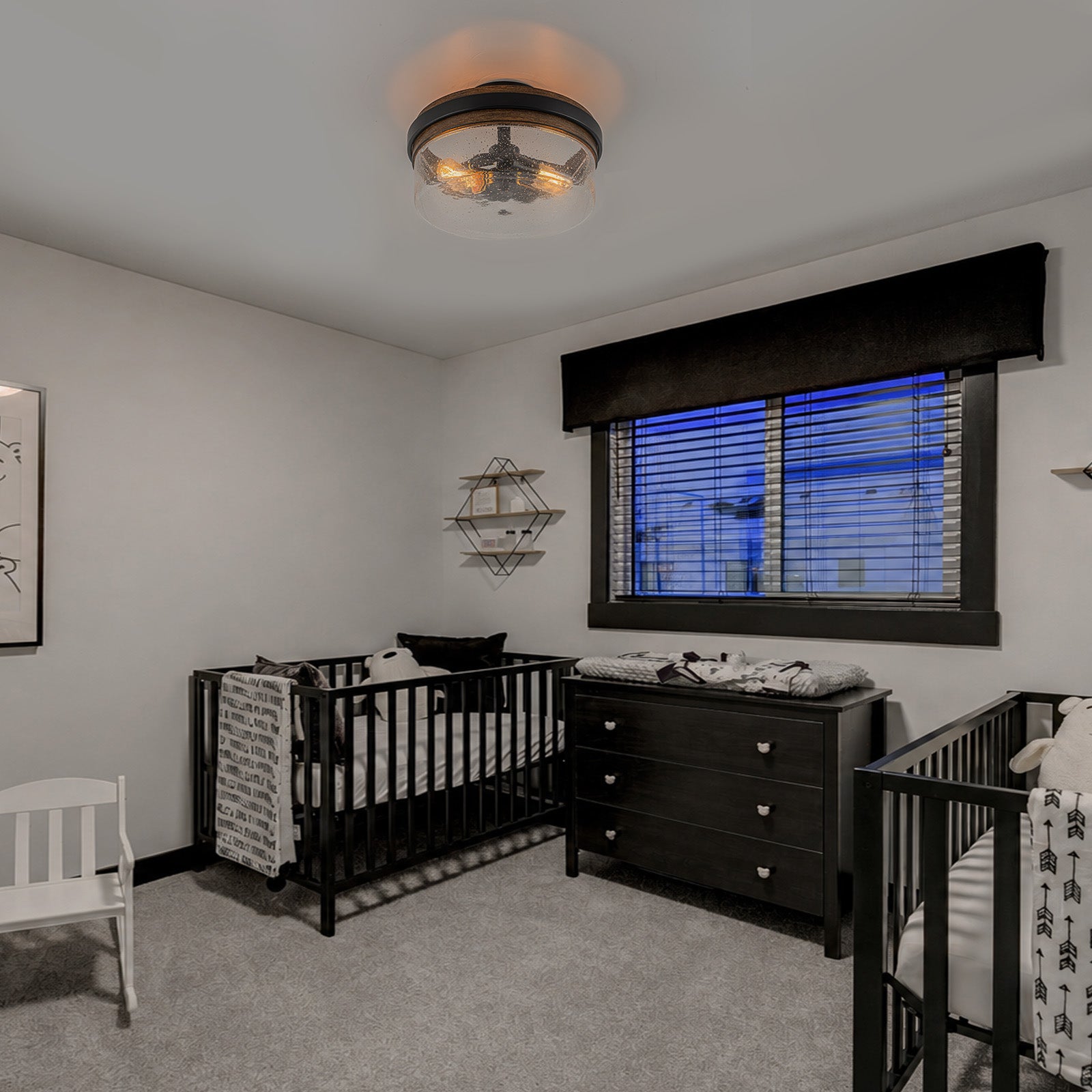 Glowlings 2-Light Farmhouse Drum Semi Flush Mount Ceiling Light with Seeded Glass Shade & Wood Grain Accent