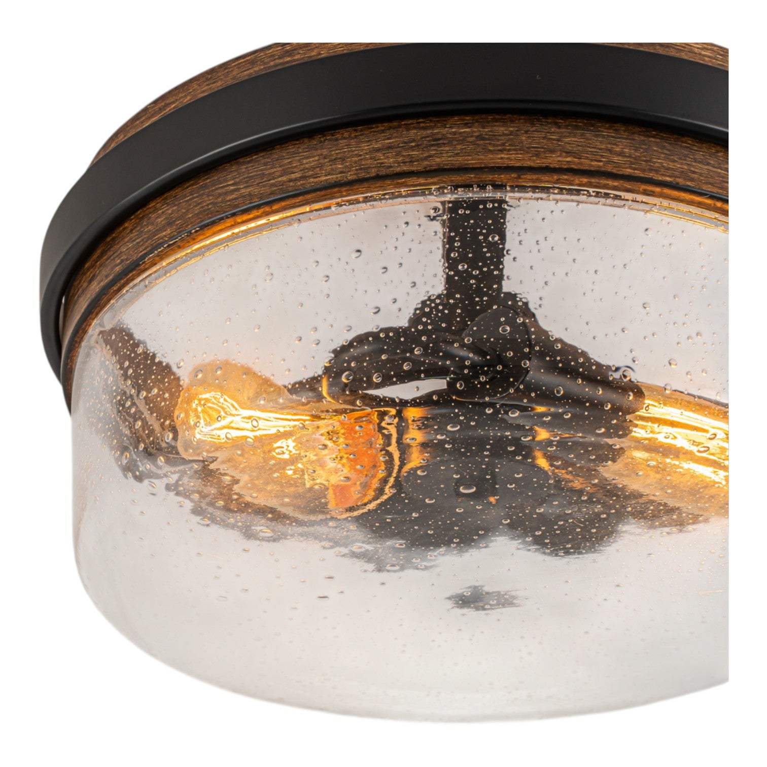Glowlings 2-Light Farmhouse Drum Semi Flush Mount Ceiling Light with Seeded Glass Shade & Wood Grain Accent