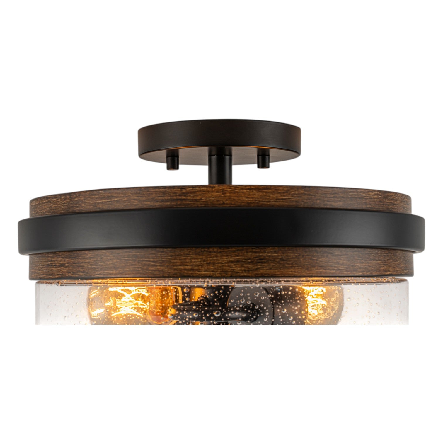 Glowlings 2-Light Farmhouse Drum Semi Flush Mount Ceiling Light with Seeded Glass Shade & Wood Grain Accent