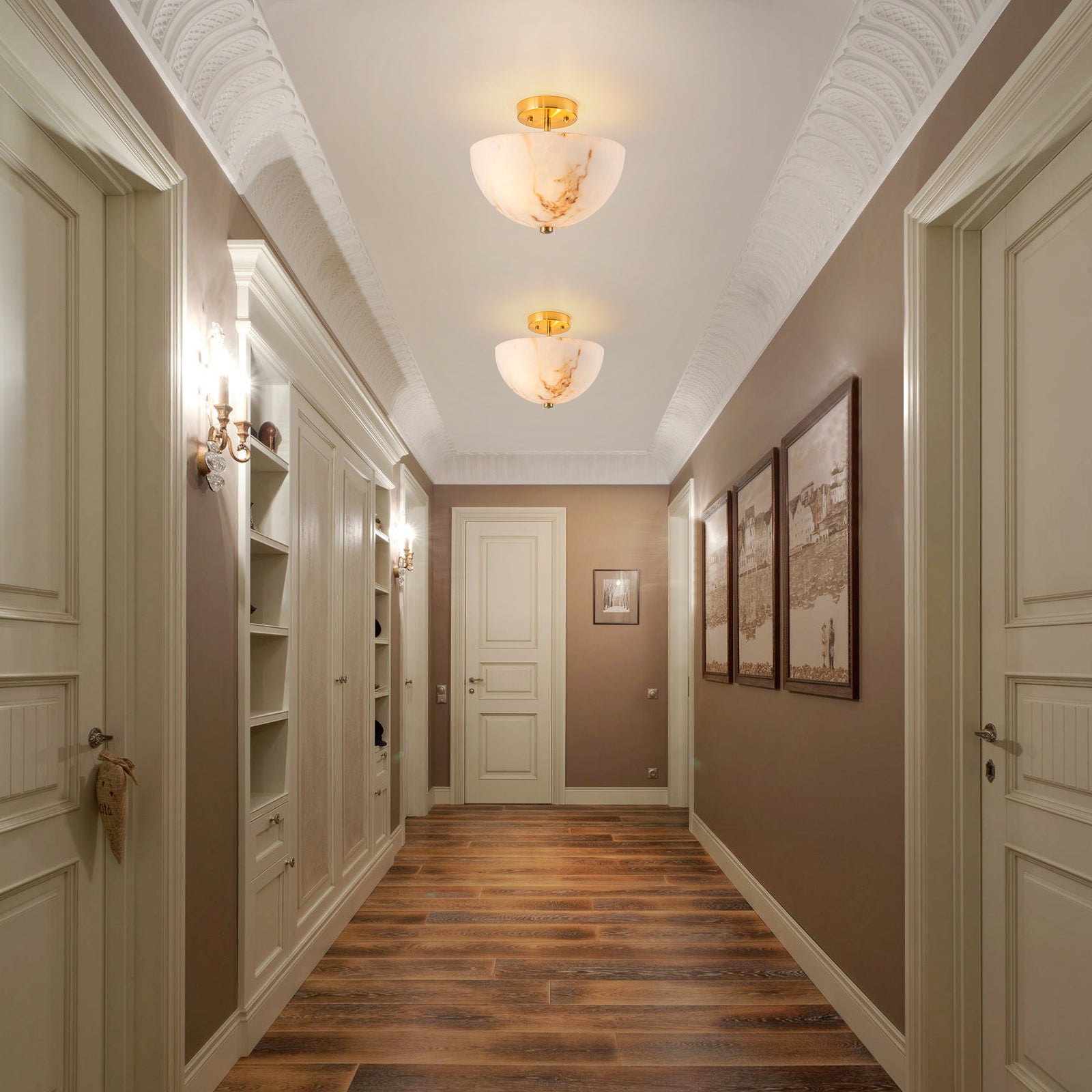 Glowlings 2-Light Luxury Brushed Brass Faux Alabaster Marble Bowl Shade Semi Flush Mount Ceiling Light