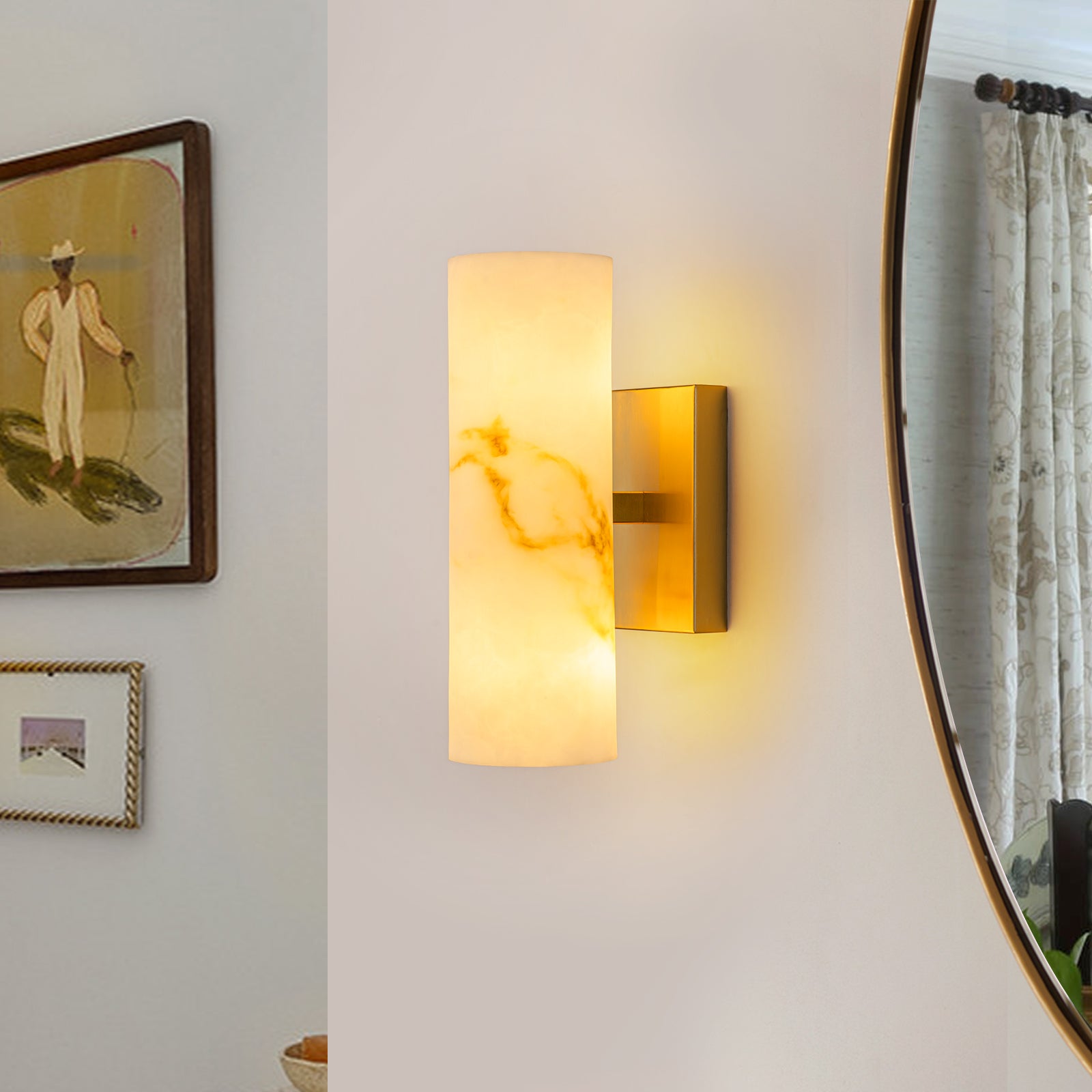 Glowlings 2-Light Luxury Brushed Brass Faux Alabaster Marble Cylinder Wall Sconce