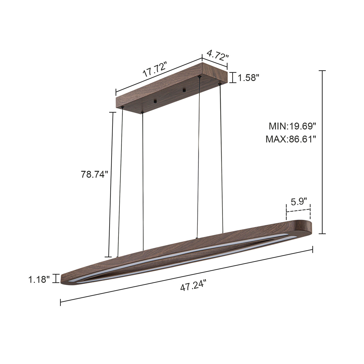 Glowlings 2-Light Minimalist Natural Wood Walnut Finish Linear LED Pendant Light Dining Room Chandelier