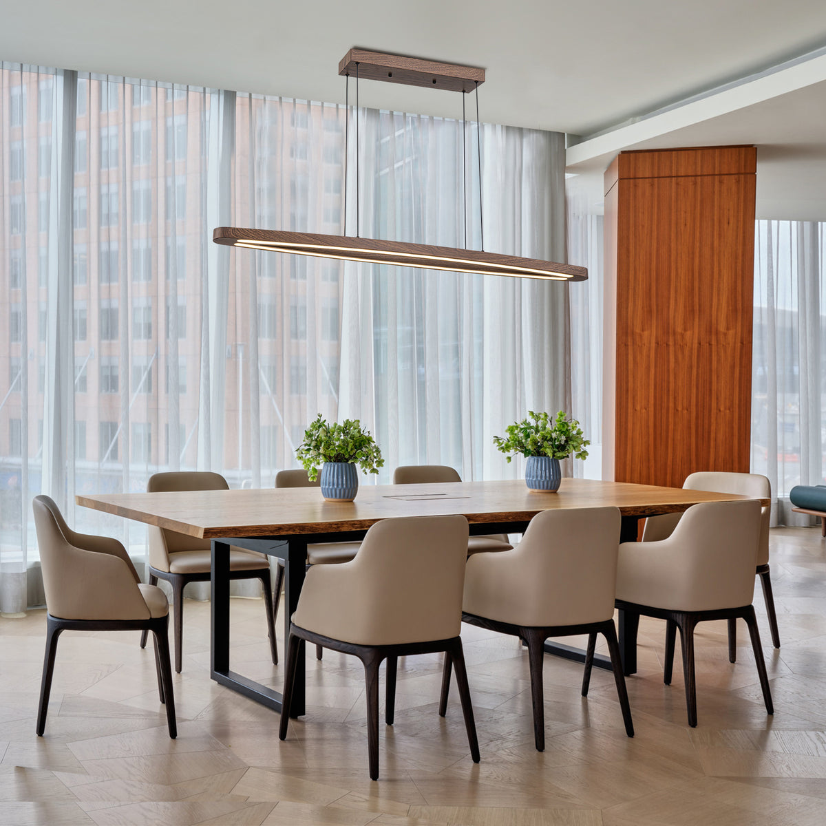 Glowlings 2-Light Minimalist Natural Wood Walnut Finish Linear LED Pendant Light Dining Room Chandelier