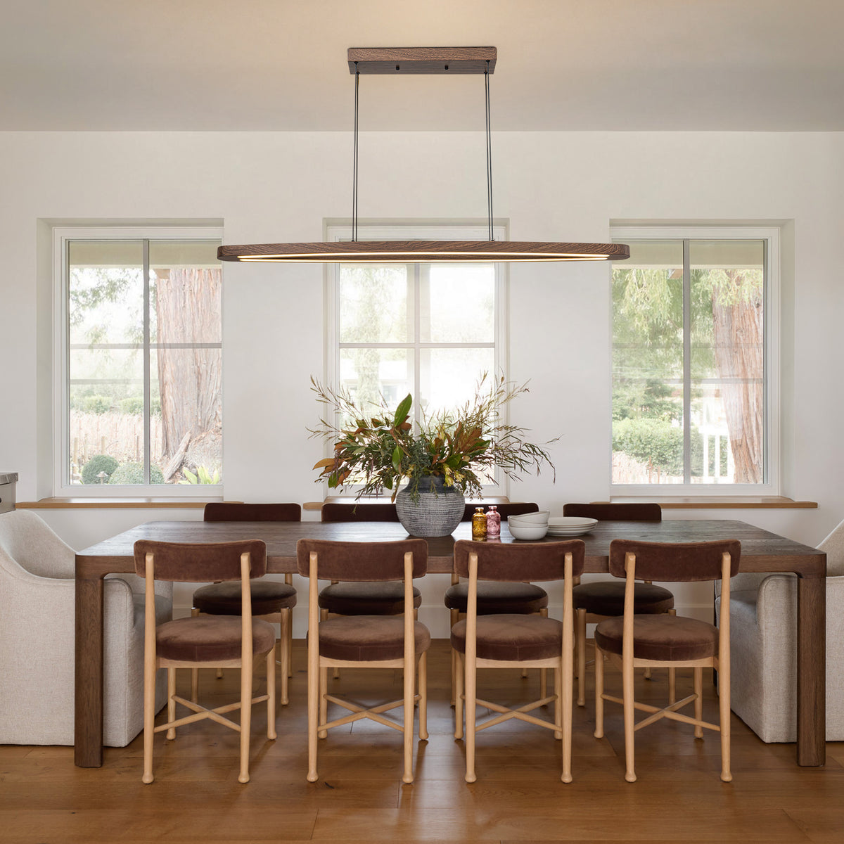 Glowlings 2-Light Minimalist Natural Wood Walnut Finish Linear LED Pendant Light Dining Room Chandelier