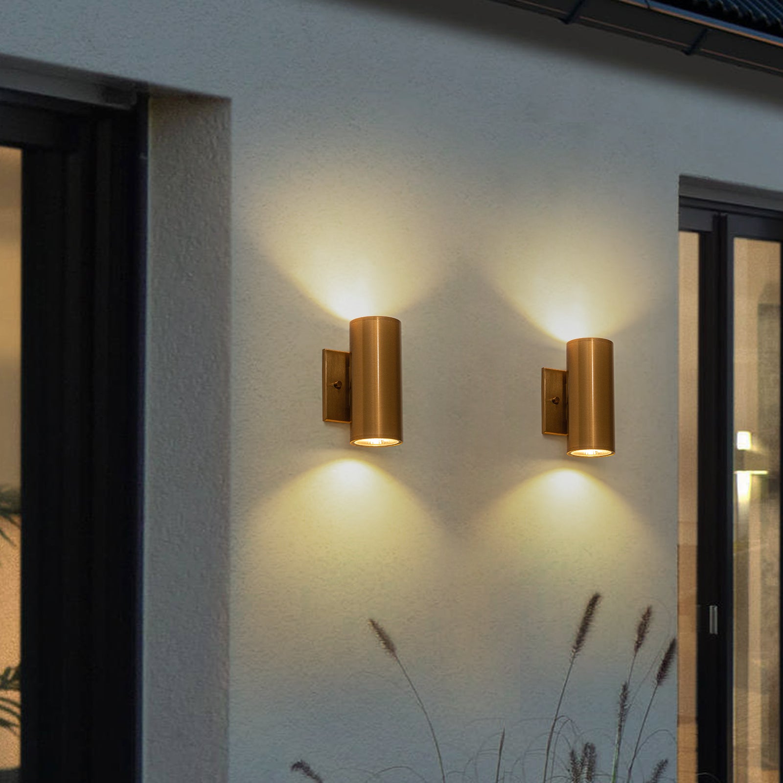 Glowlings 2-Light Modern 2Pcs Gold LED Cylinder Armed Outdoor Wall Sconce(Set of 2)