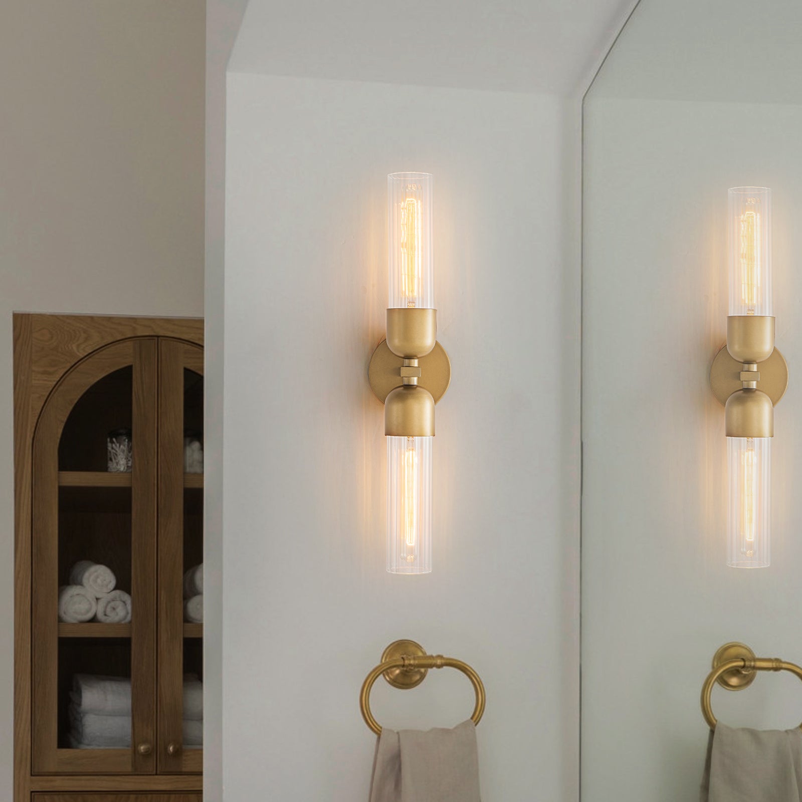Glowlings 2-Light Mid-Century Modern Antique Brass Ribbed Glass Wall Sconce Bathroom Vanity Light