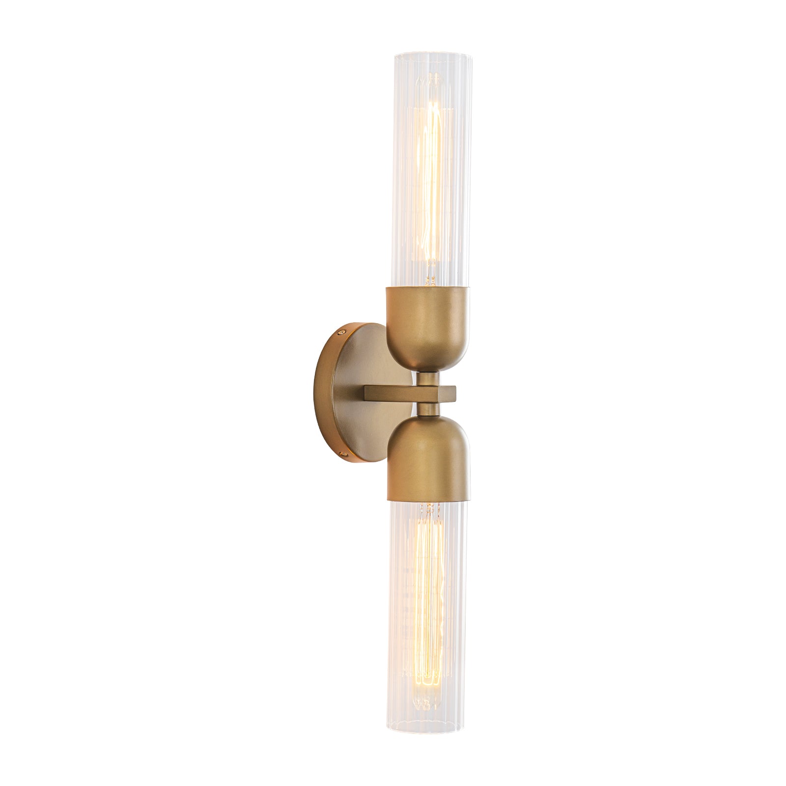 Glowlings 2-Light Mid-Century Modern Antique Brass Ribbed Glass Wall Sconce Bathroom Vanity Light