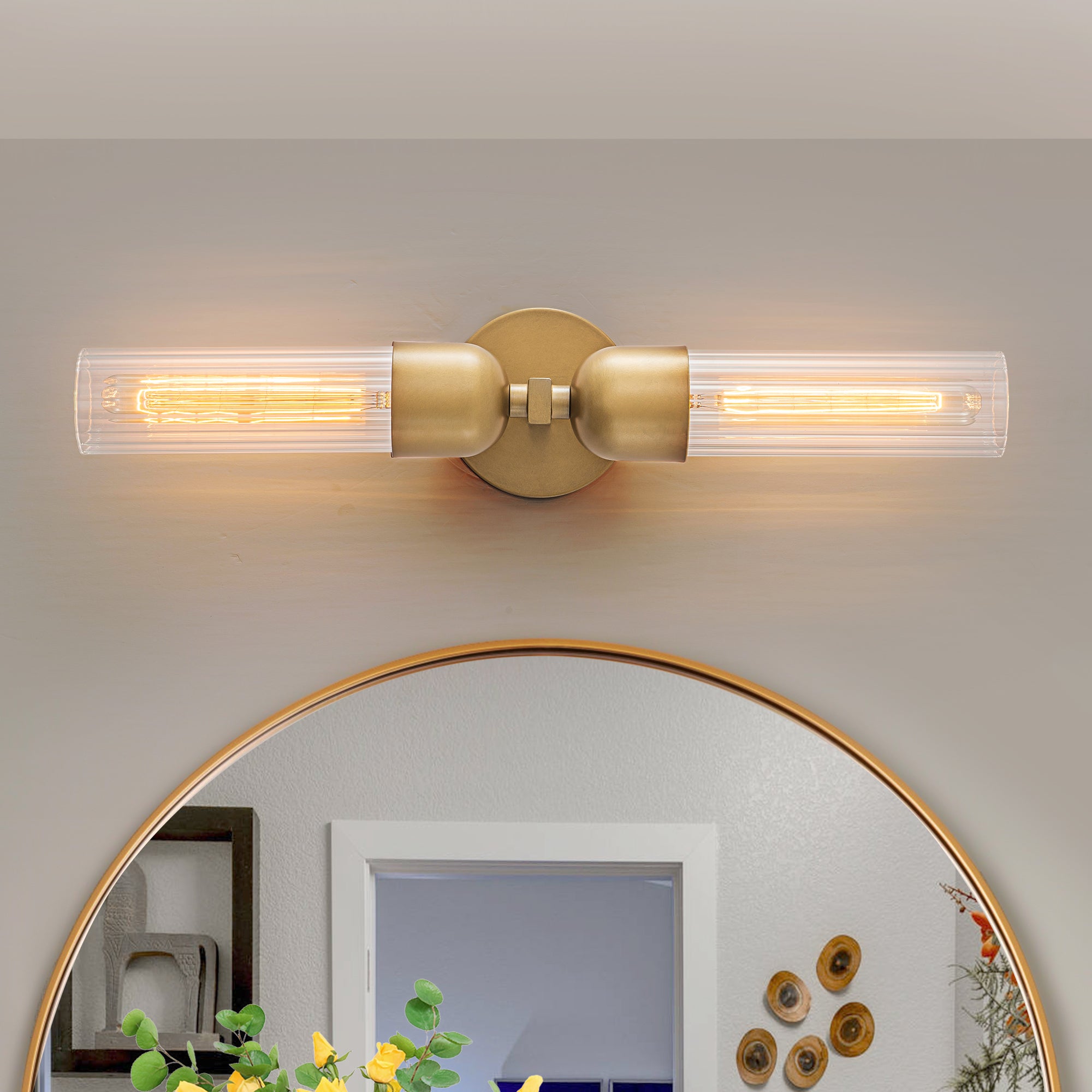 Glowlings 2-Light Mid-Century Modern Antique Brass Ribbed Glass Wall Sconce Bathroom Vanity Light