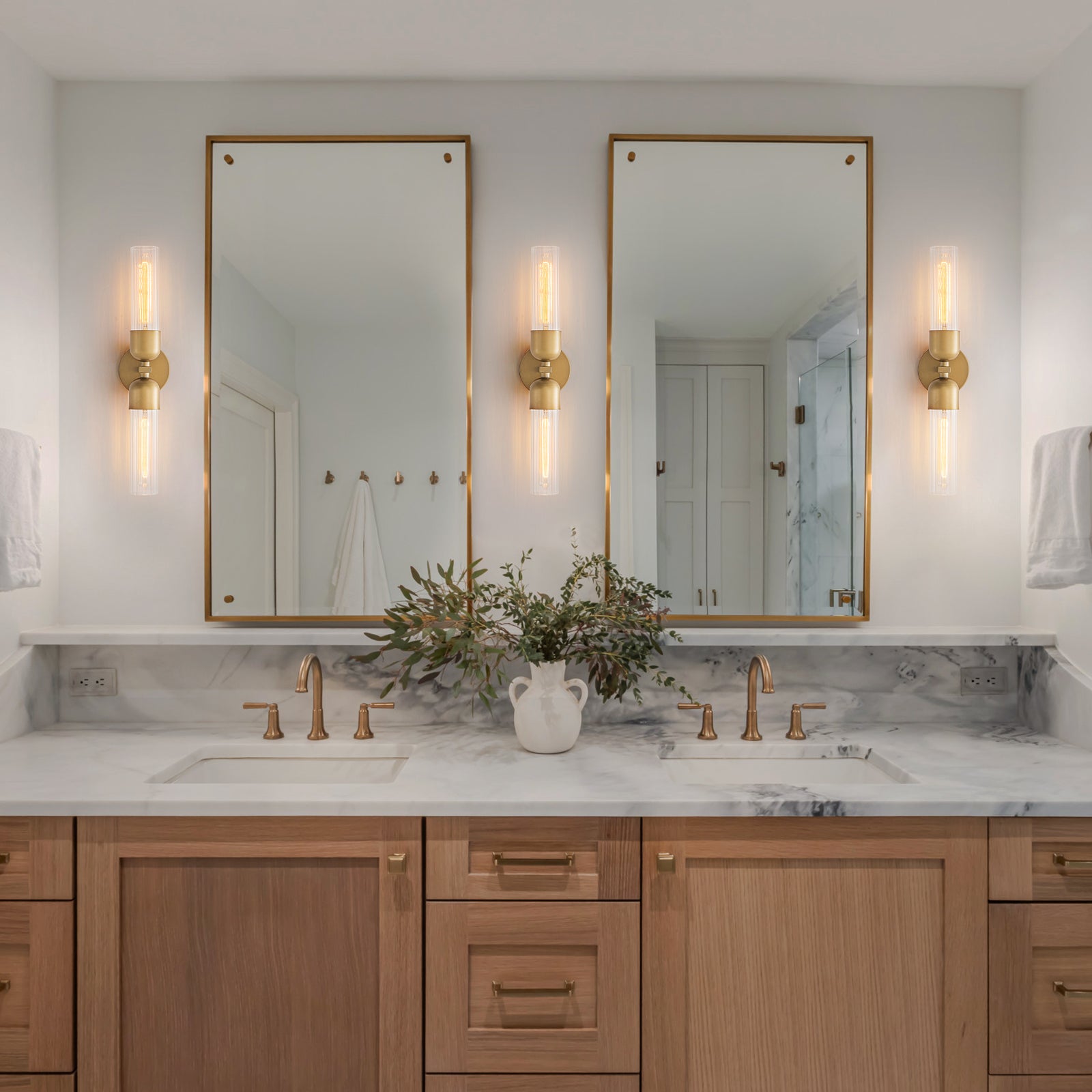 Glowlings 2-Light Mid-Century Modern Antique Brass Ribbed Glass Wall Sconce Bathroom Vanity Light