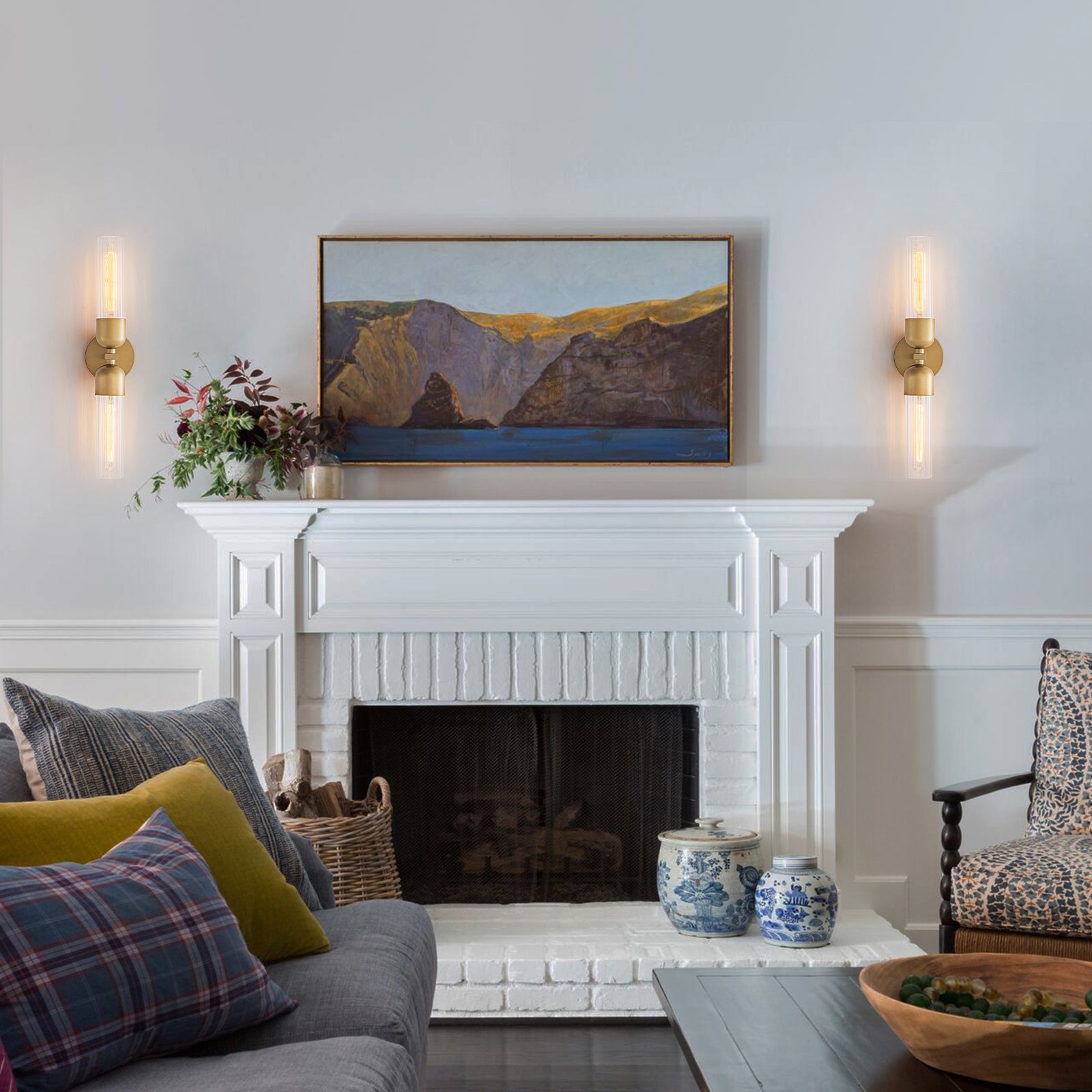 Glowlings 2-Light Mid-Century Modern Antique Brass Ribbed Glass Wall Sconce Bathroom Vanity Light