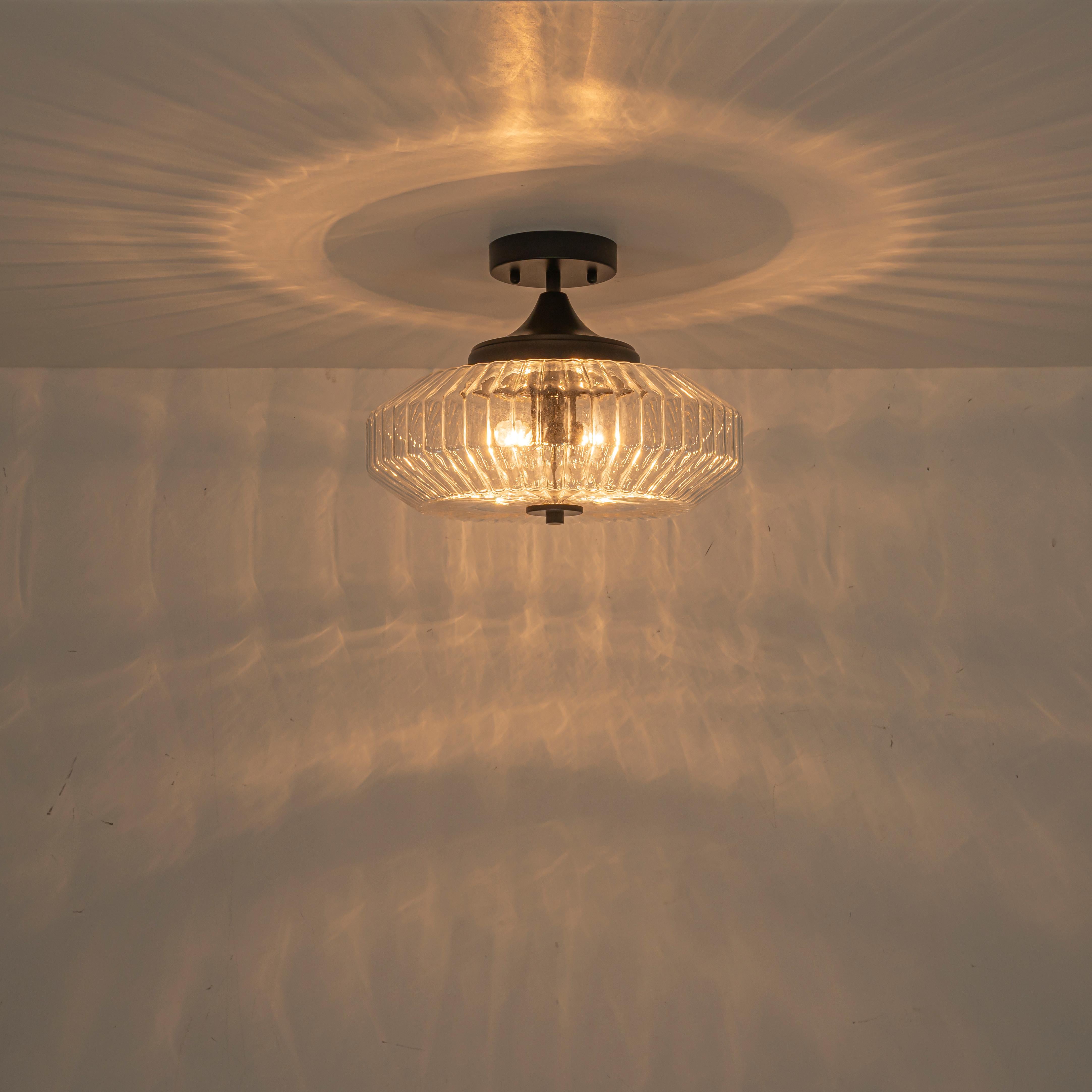 Glowlings 2-Light Modern Black/Gold Ribbed Clear Glass Convertible Pendant/Semi Flush Mount