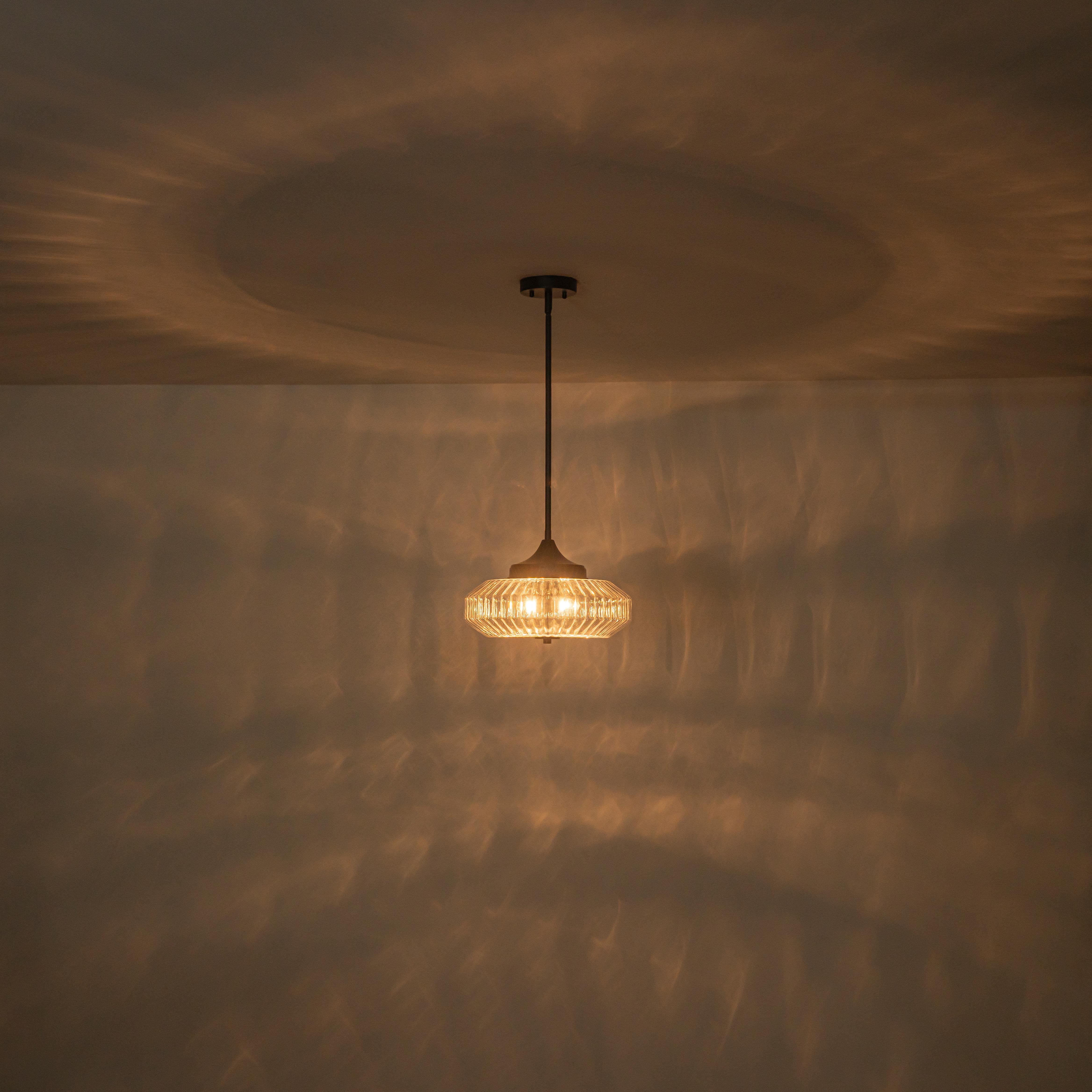 Glowlings 2-Light Modern Black/Gold Ribbed Clear Glass Convertible Pendant/Semi Flush Mount