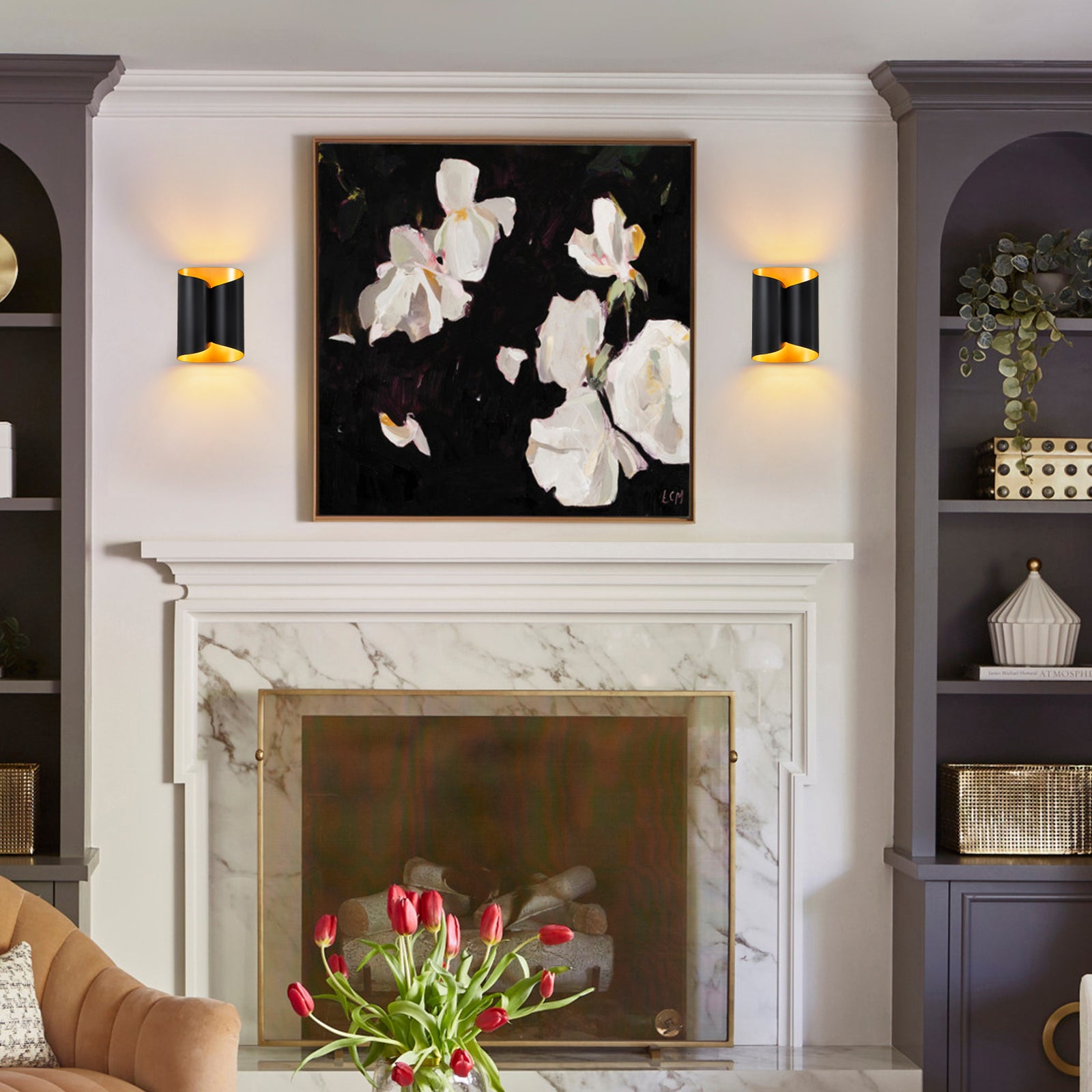 Glowlings 2-Light Modern 11"High Black Gold Leaf Indoor Wall Sconce