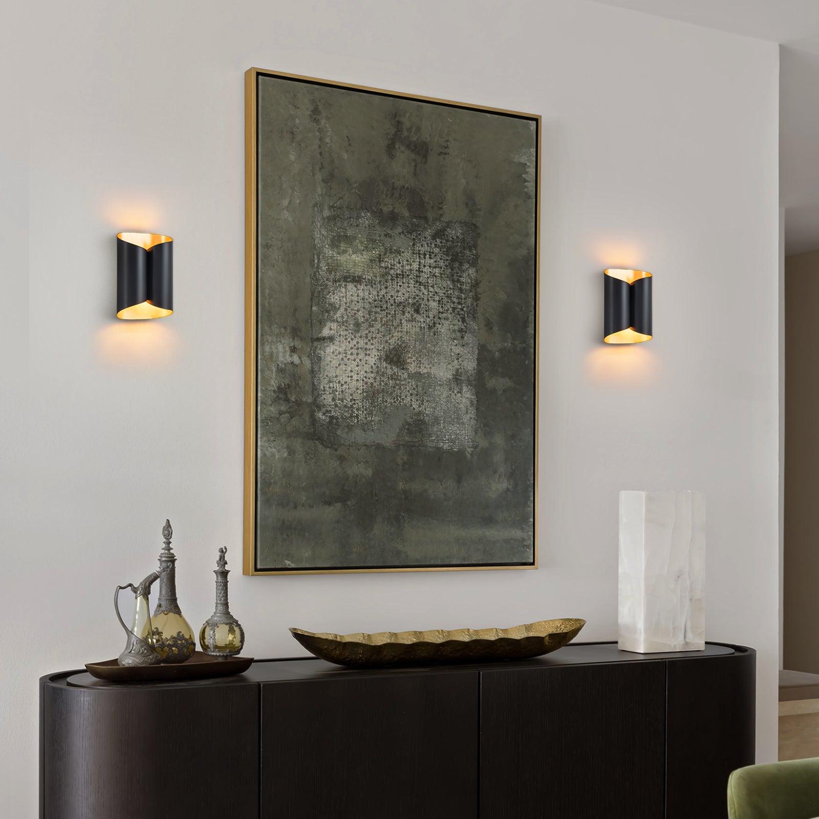 Glowlings 2-Light Modern 11"High Black Gold Leaf Indoor Wall Sconce