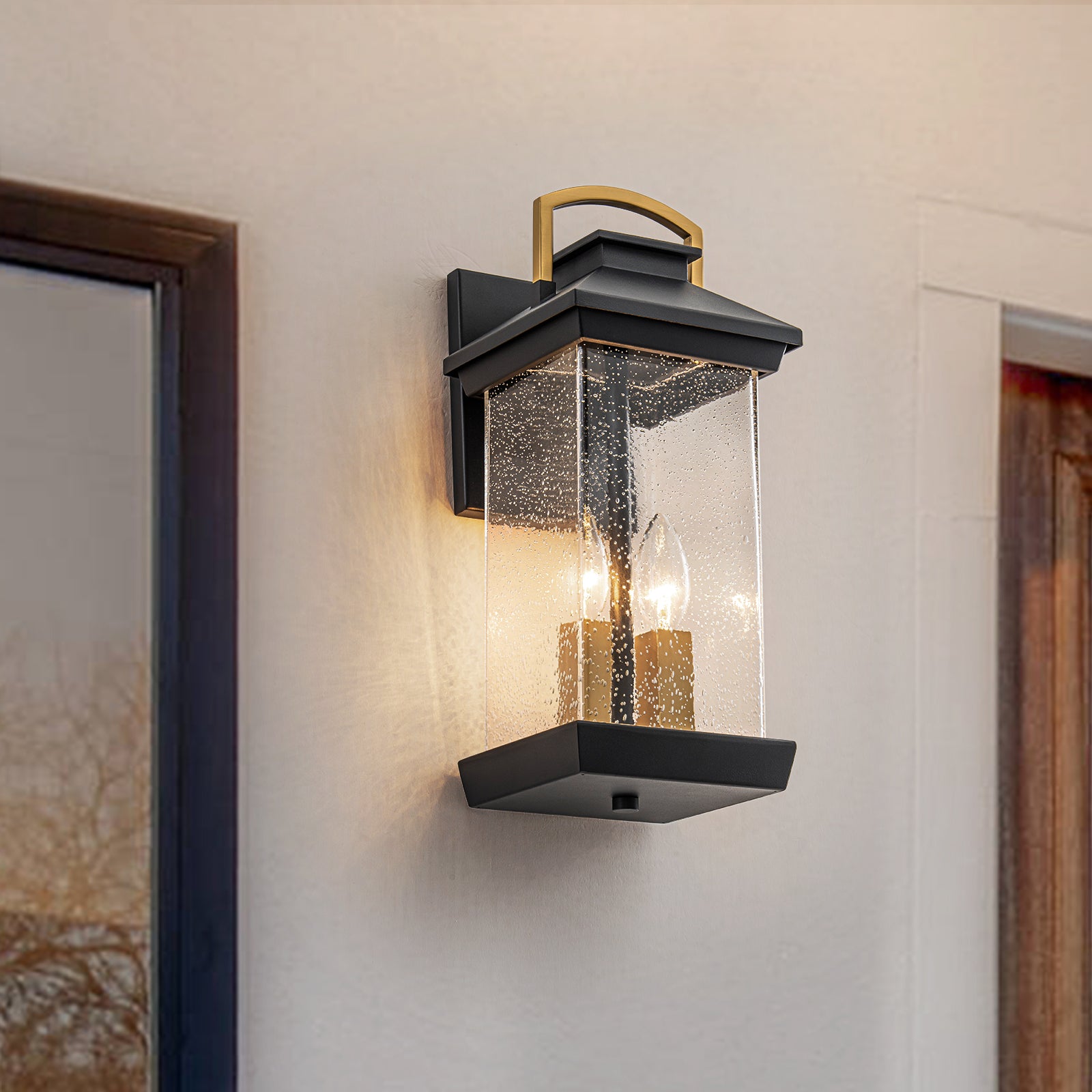 Glowlings 2-Light Modern 16"High Lantern Seeded Glass Candle Style Outdoor Wall Sconce