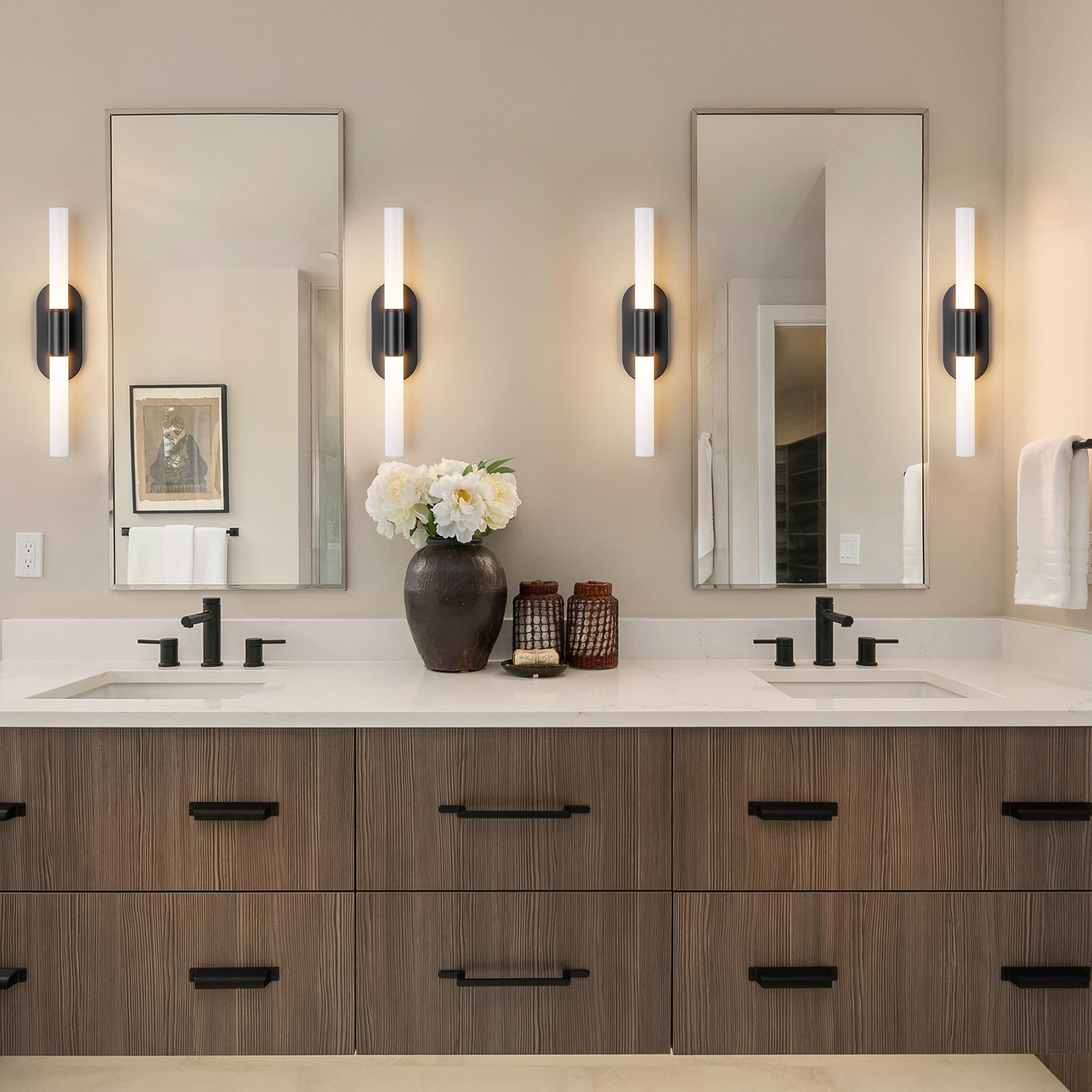 Glowlings 2-Light Modern Black Opal Glass Cylinder LED Wall Sconce