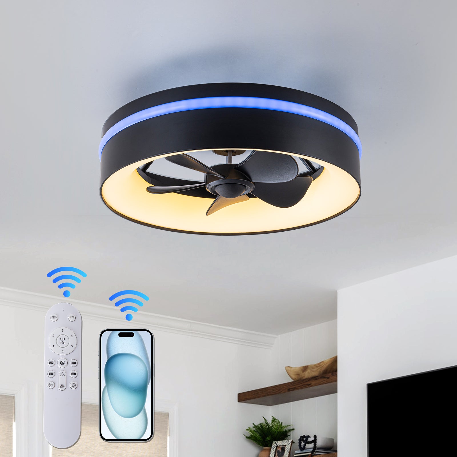 Glowlings Modern RGB Smart Ceiling Fan with Light - 2-Light 3CCT Dimmable Black Round Fandelier, Low Profile Multi-Color Flush Mount Fan