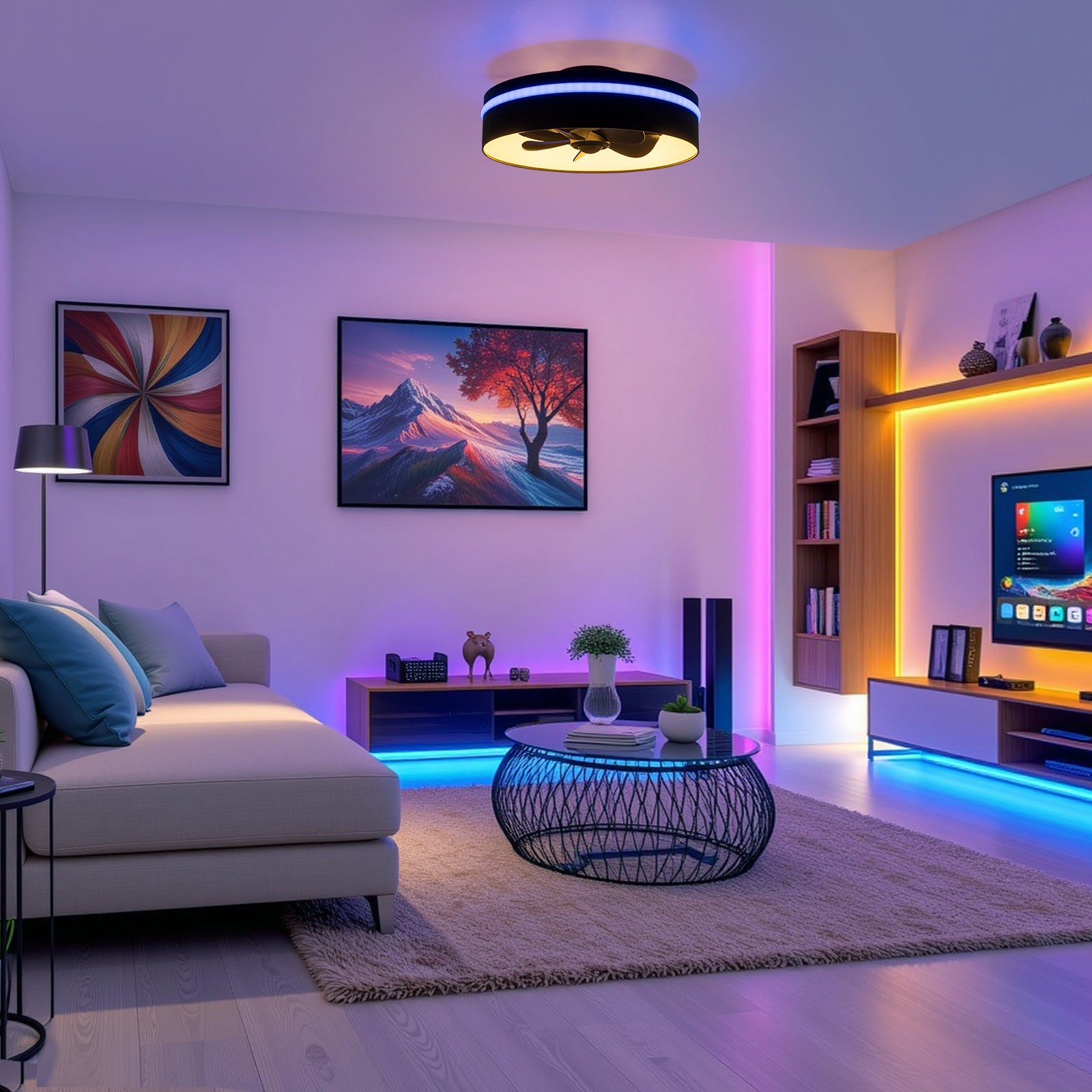Glowlings Modern RGB Smart Ceiling Fan with Light - 2-Light 3CCT Dimmable Black Round Fandelier, Low Profile Multi-Color Flush Mount Fan