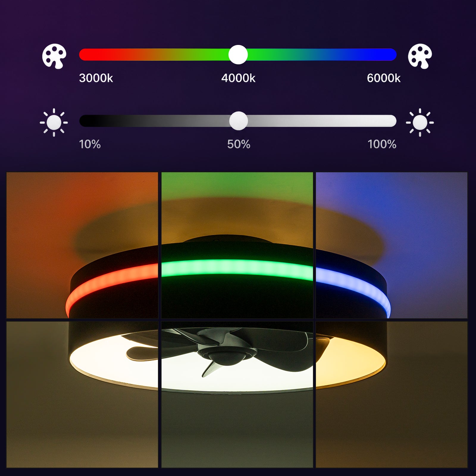 Glowlings Modern RGB Smart Ceiling Fan with Light - 2-Light 3CCT Dimmable Black Round Fandelier, Low Profile Multi-Color Flush Mount Fan