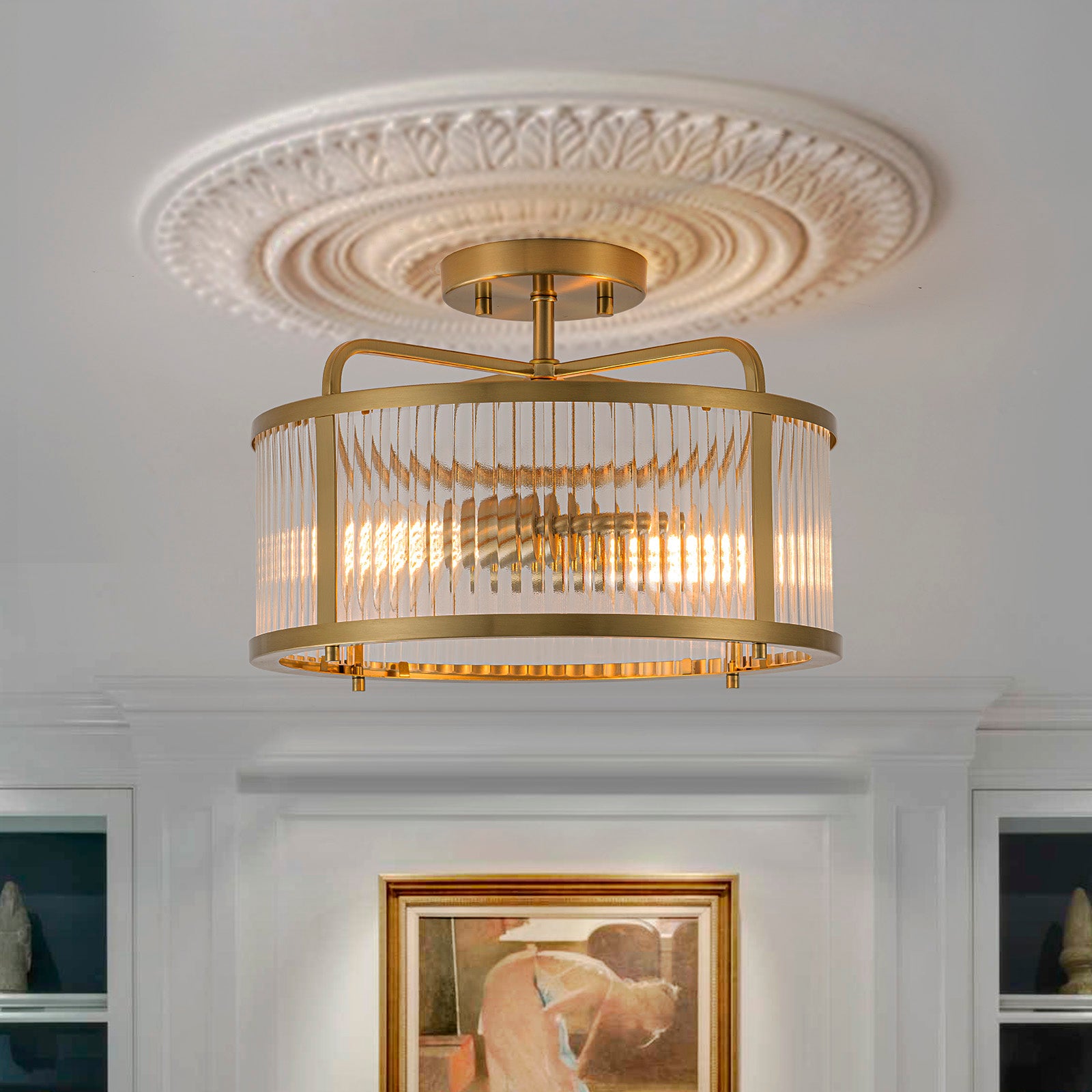 Glowlings 2-Light Modern 13"Wide Brass Round Clear Ribbed Glass Semi-Flush Mount