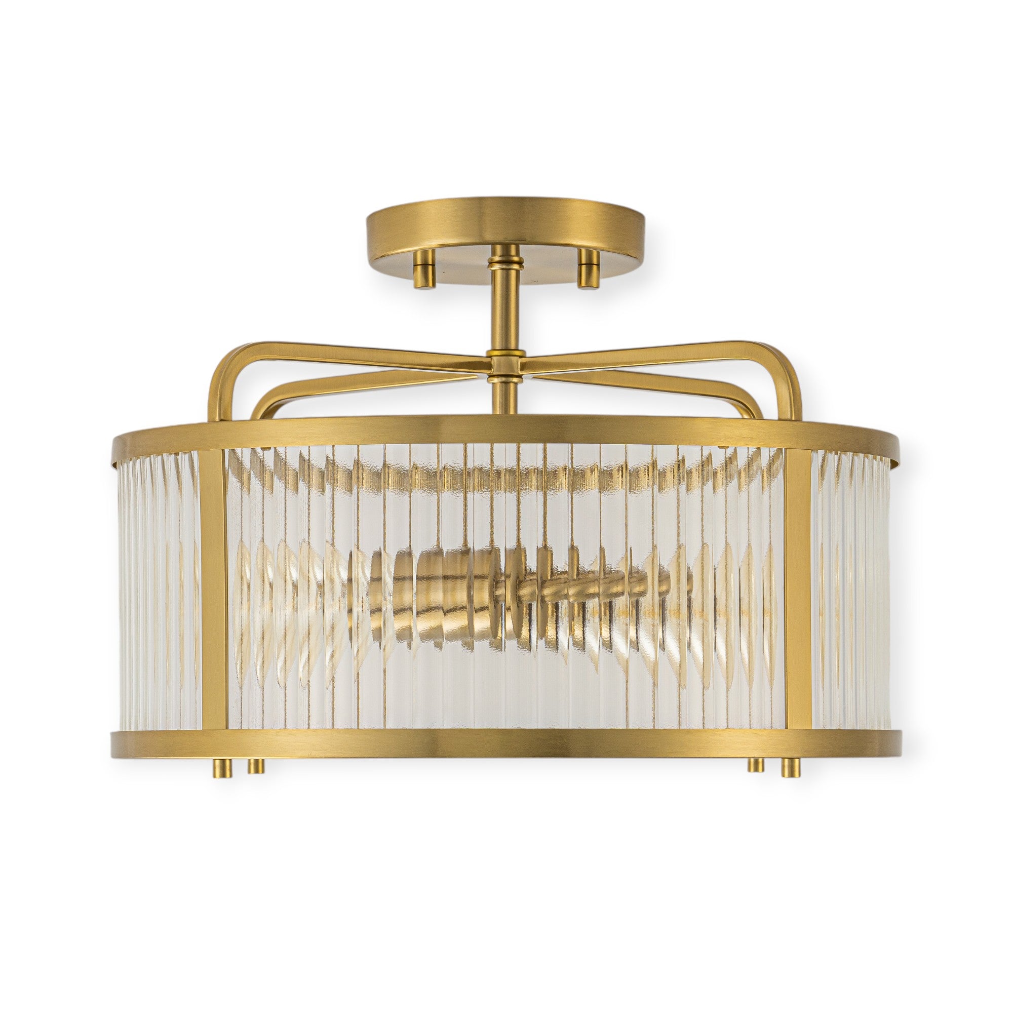 Glowlings 2-Light Modern 13"Wide Brass Round Clear Ribbed Glass Semi-Flush Mount