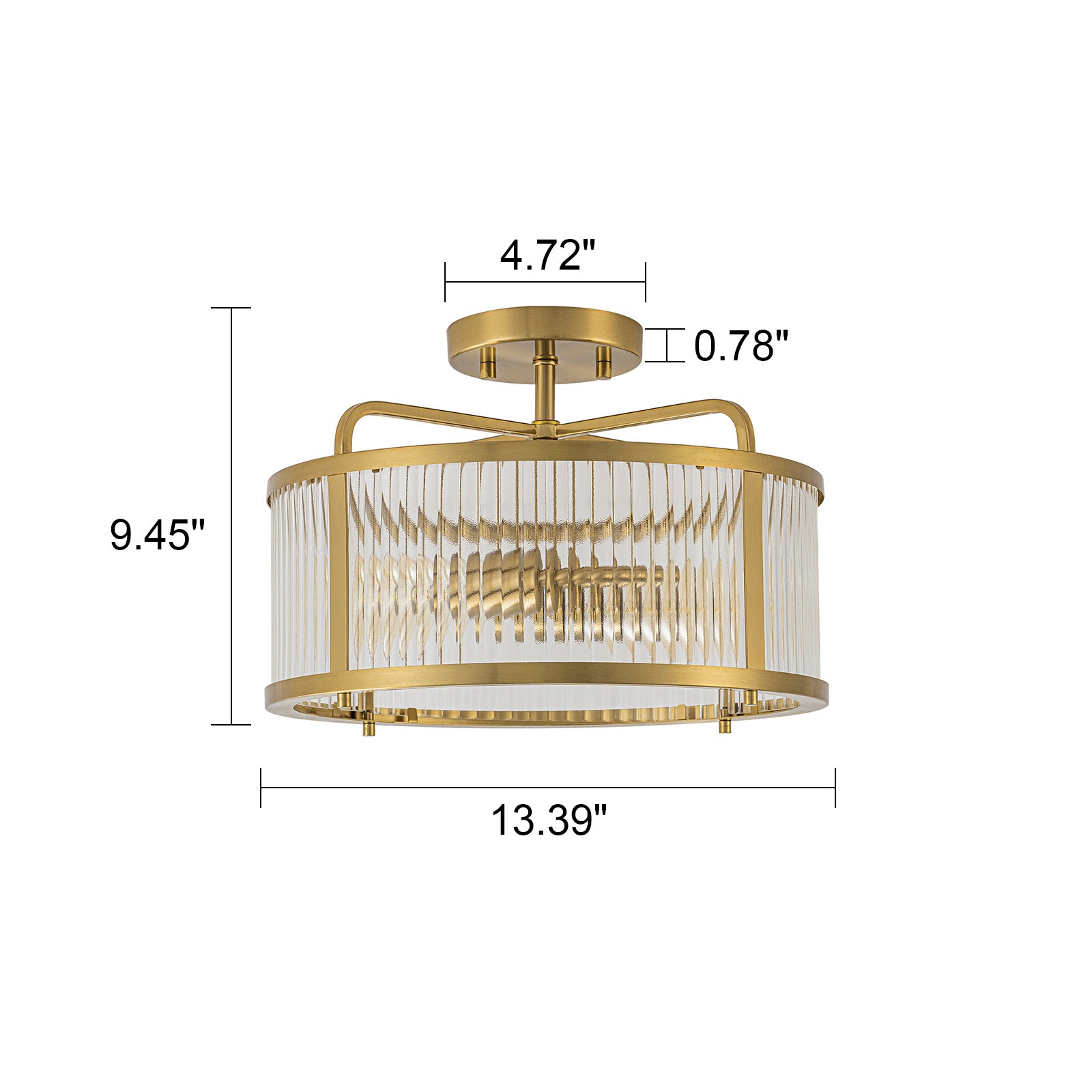 Glowlings 2-Light Modern 13"Wide Brass Round Clear Ribbed Glass Semi-Flush Mount