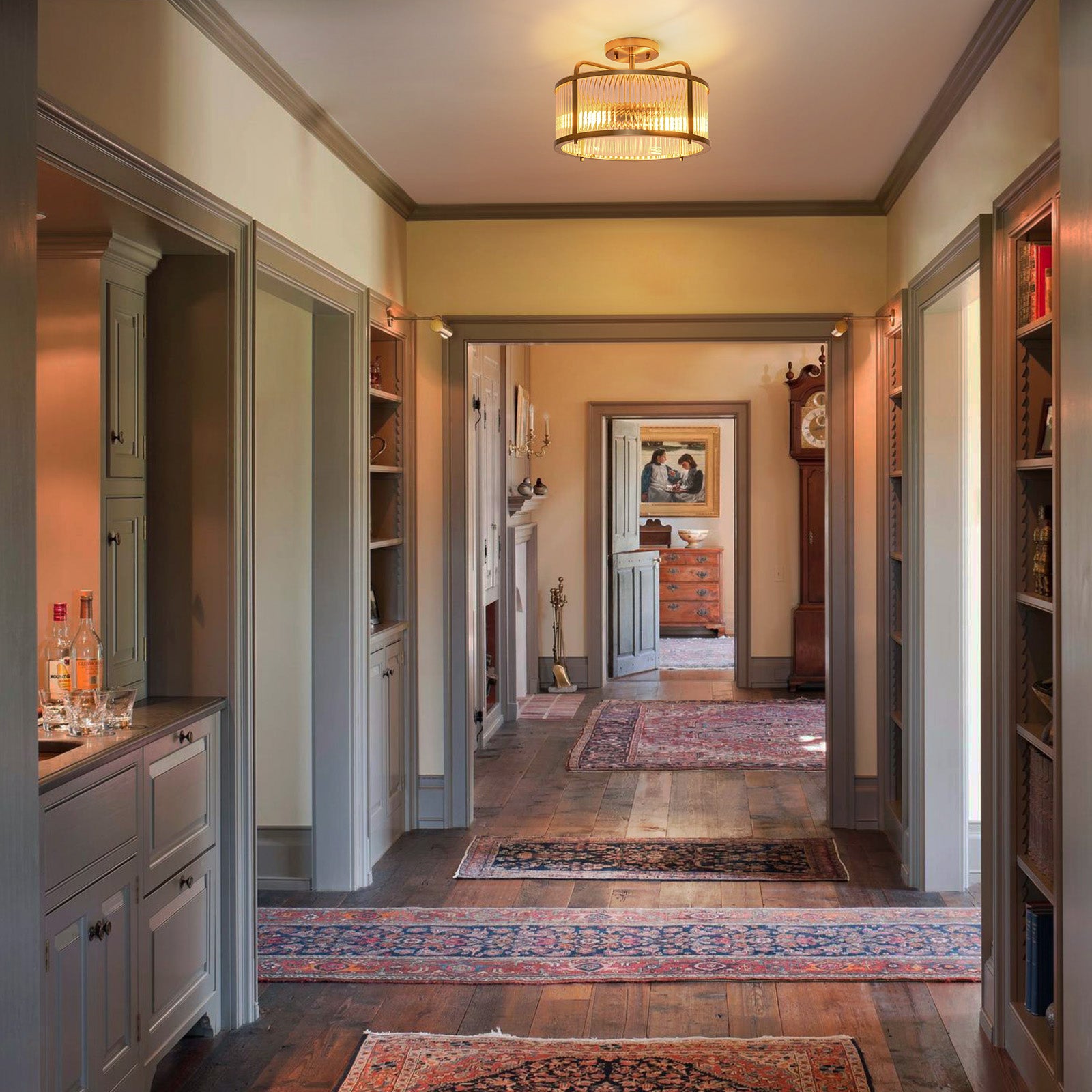 Glowlings 2-Light Modern 13"Wide Brass Round Clear Ribbed Glass Semi-Flush Mount