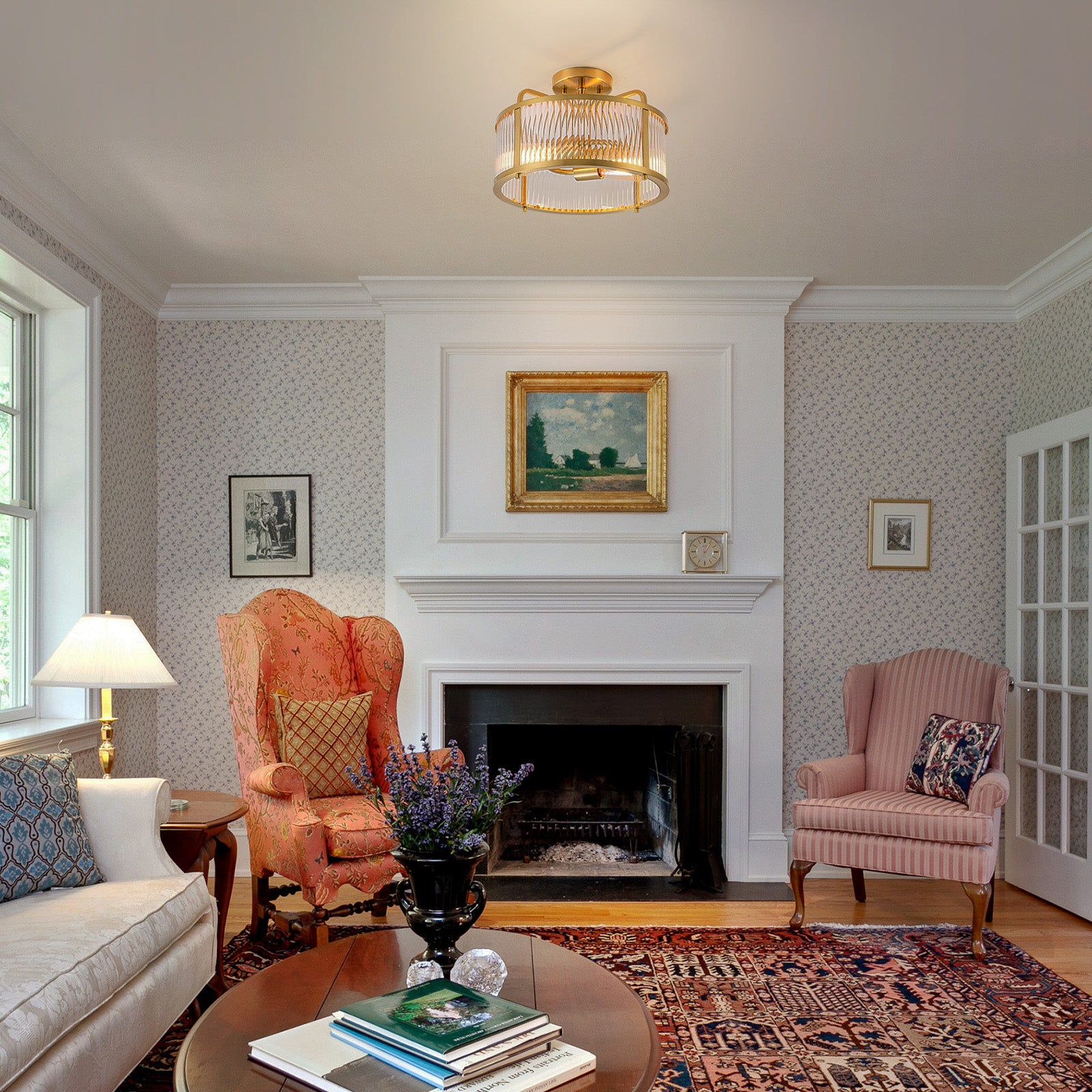 Glowlings 2-Light Modern 13"Wide Brass Round Clear Ribbed Glass Semi-Flush Mount