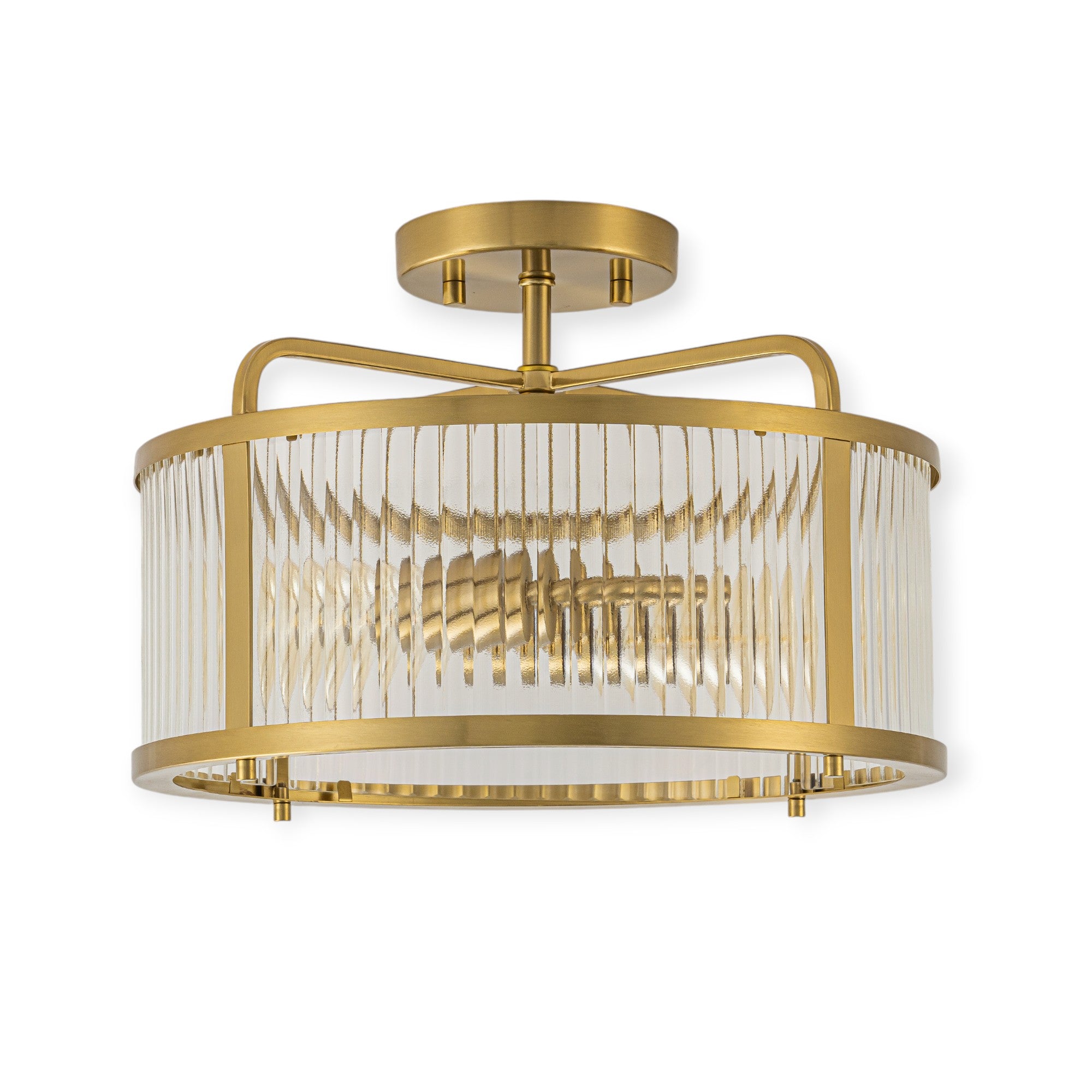 Glowlings 2-Light Modern 13"Wide Brass Round Clear Ribbed Glass Semi-Flush Mount