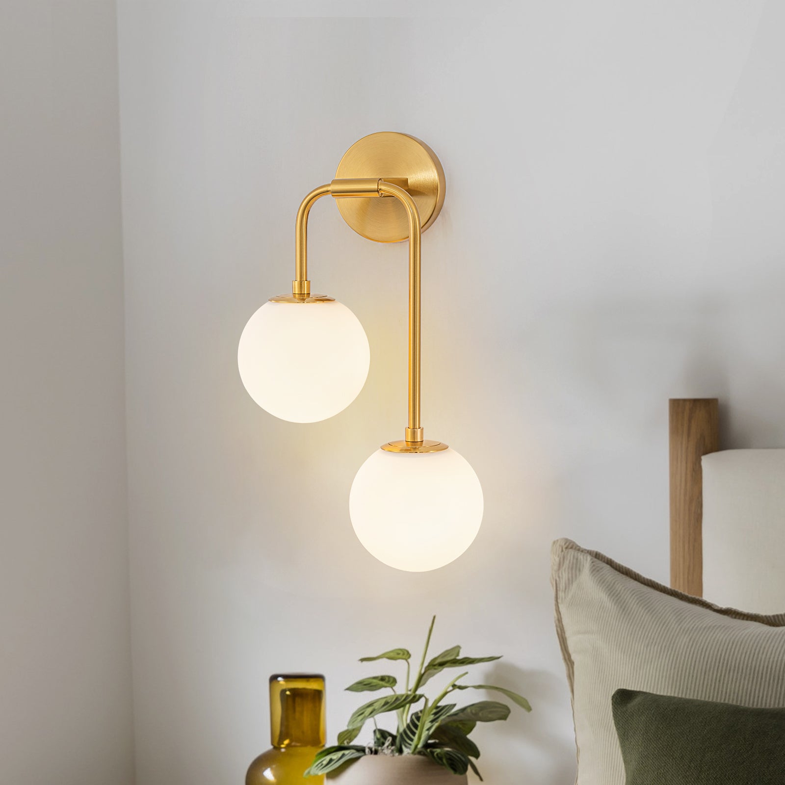 Glowlings 2-Light Modern Brass Wall Sconce, Brushed Gold Globe Vanity Light with Opal Glass Shades
