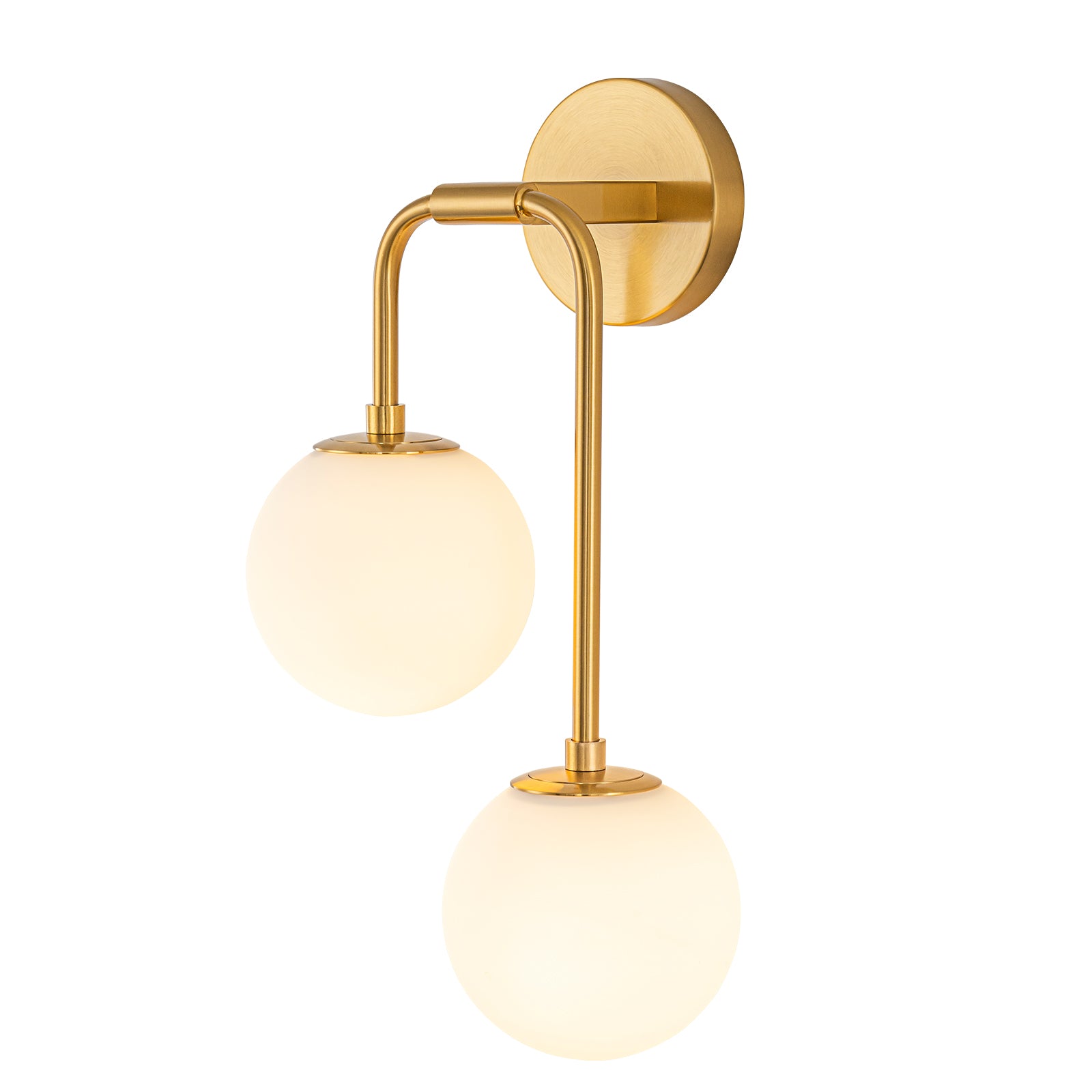 Glowlings 2-Light Modern Brass Wall Sconce, Brushed Gold Globe Vanity Light with Opal Glass Shades