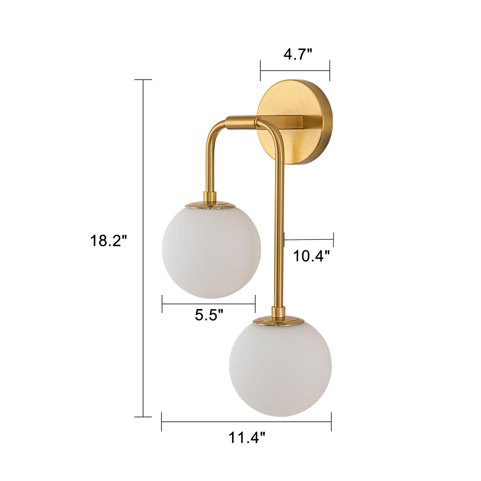 Glowlings 2-Light Modern Brass Wall Sconce, Brushed Gold Globe Vanity Light with Opal Glass Shades