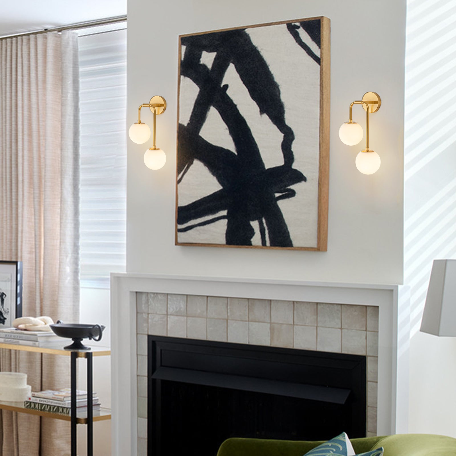 Glowlings 2-Light Modern Brass Wall Sconce, Brushed Gold Globe Vanity Light with Opal Glass Shades