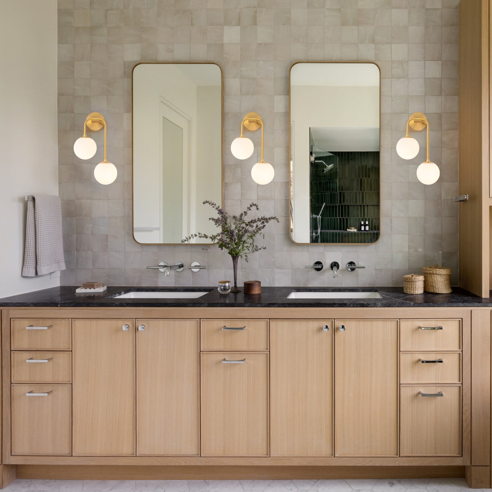 Glowlings 2-Light Modern Brass Wall Sconce, Brushed Gold Globe Vanity Light with Opal Glass Shades