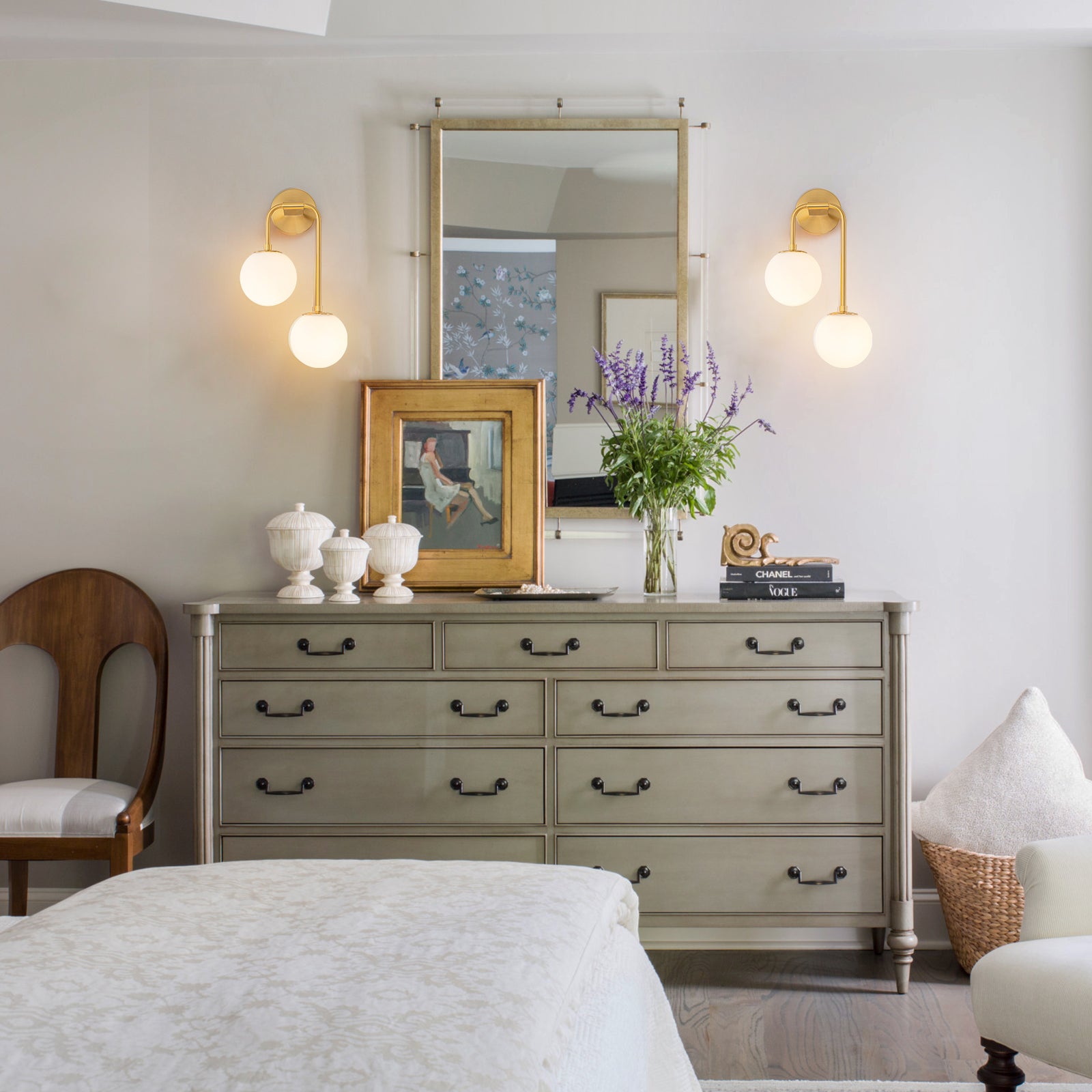 Glowlings 2-Light Modern Brass Wall Sconce, Brushed Gold Globe Vanity Light with Opal Glass Shades