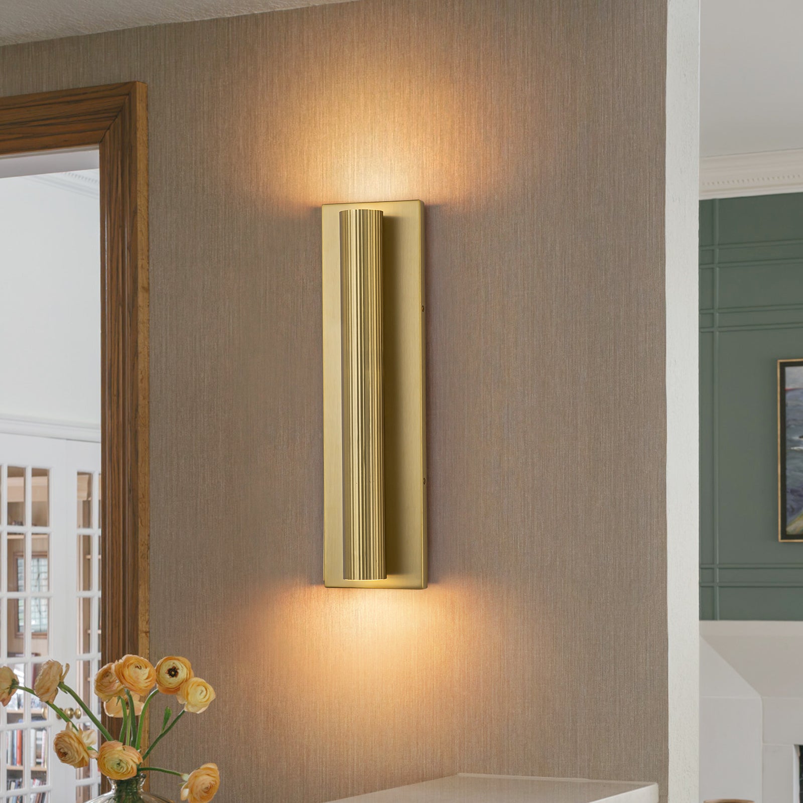 Glowlings 2-Light Modern 18"High Fluted Brushed Brass Cylinder LED Wall Sconce