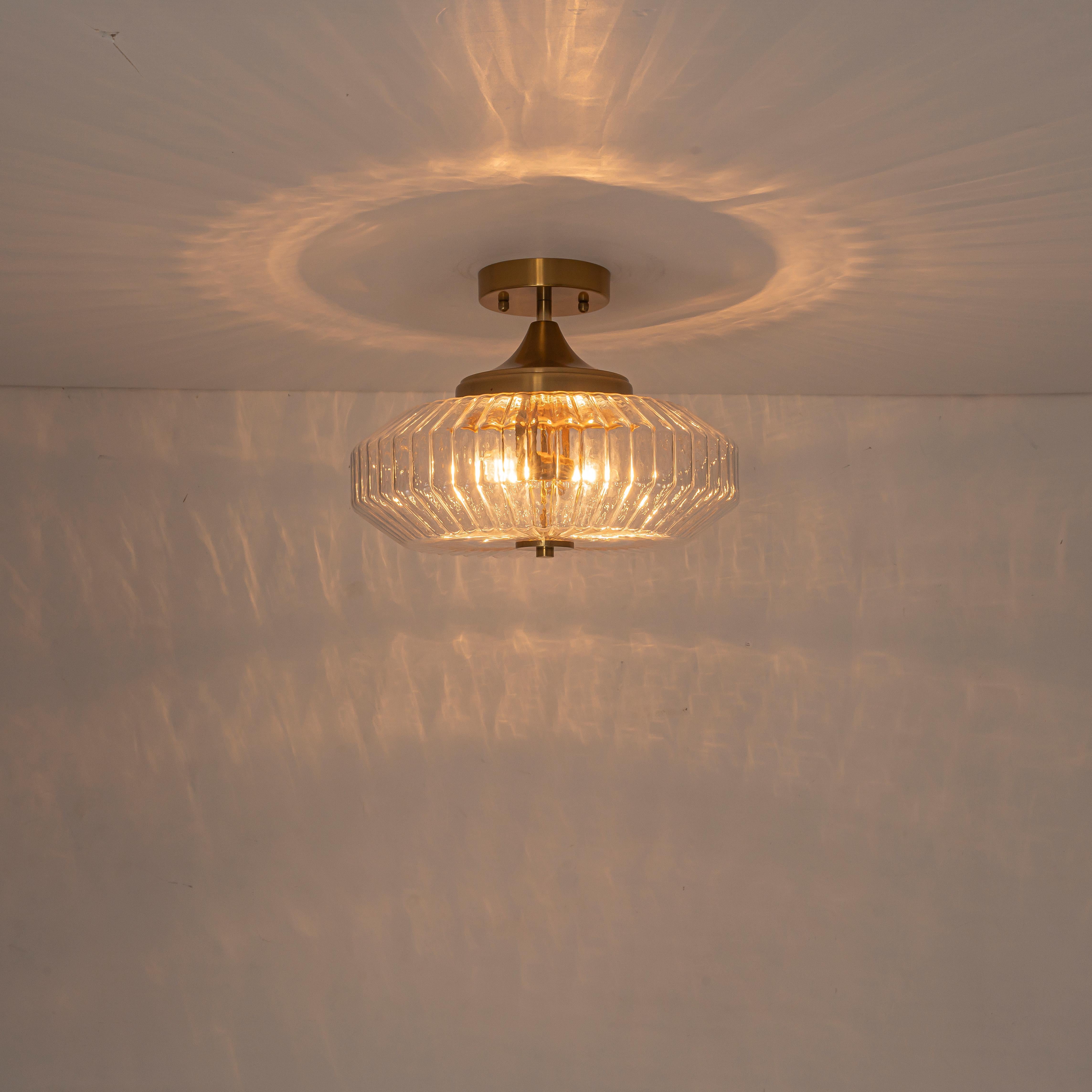 Glowlings 2-Light Modern Black/Gold Ribbed Clear Glass Convertible Pendant/Semi Flush Mount