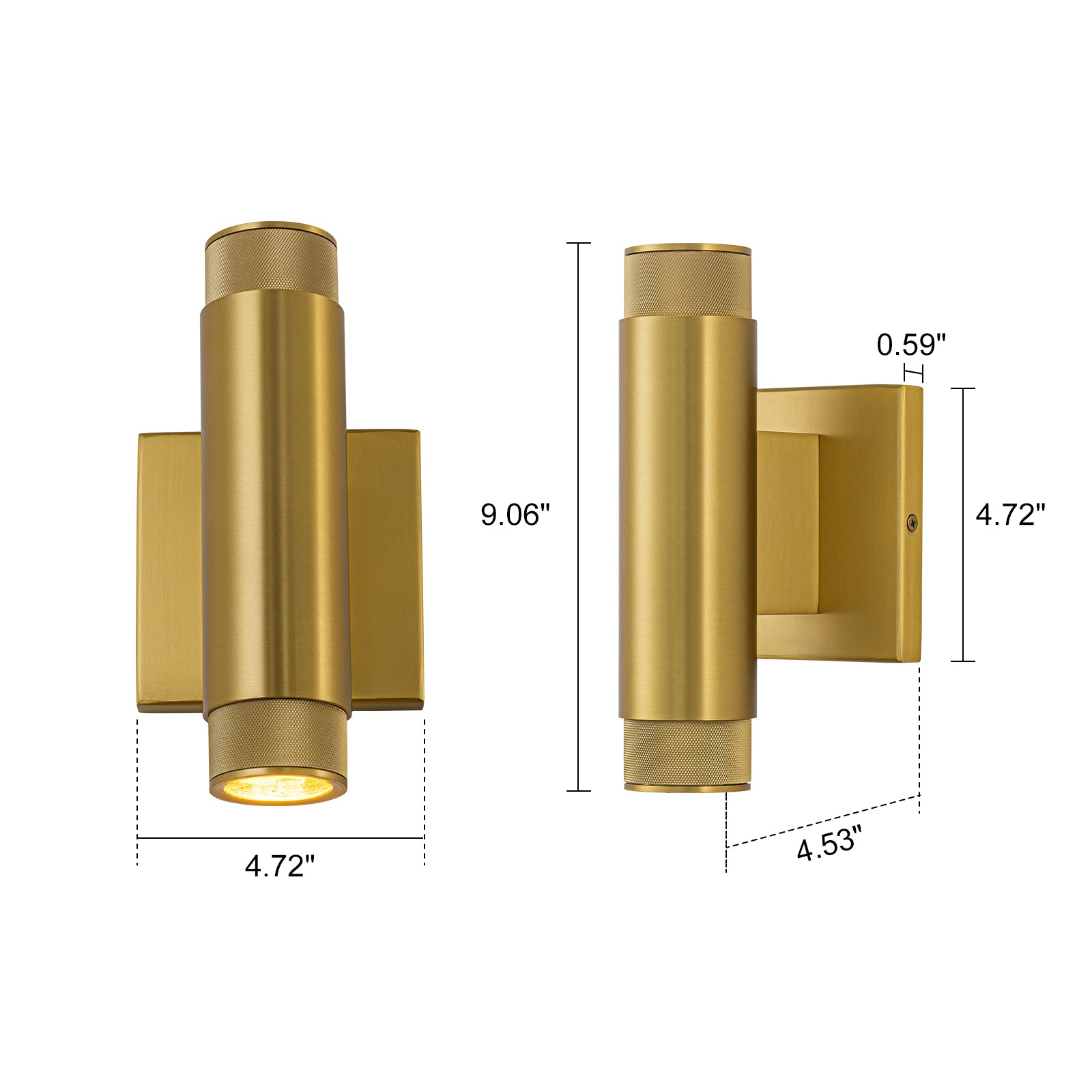 Glowlings 2-Light Modern 9"High Knurled Brass Up & Down Cylinder LED Outdoor Wall Sconce Porch Light