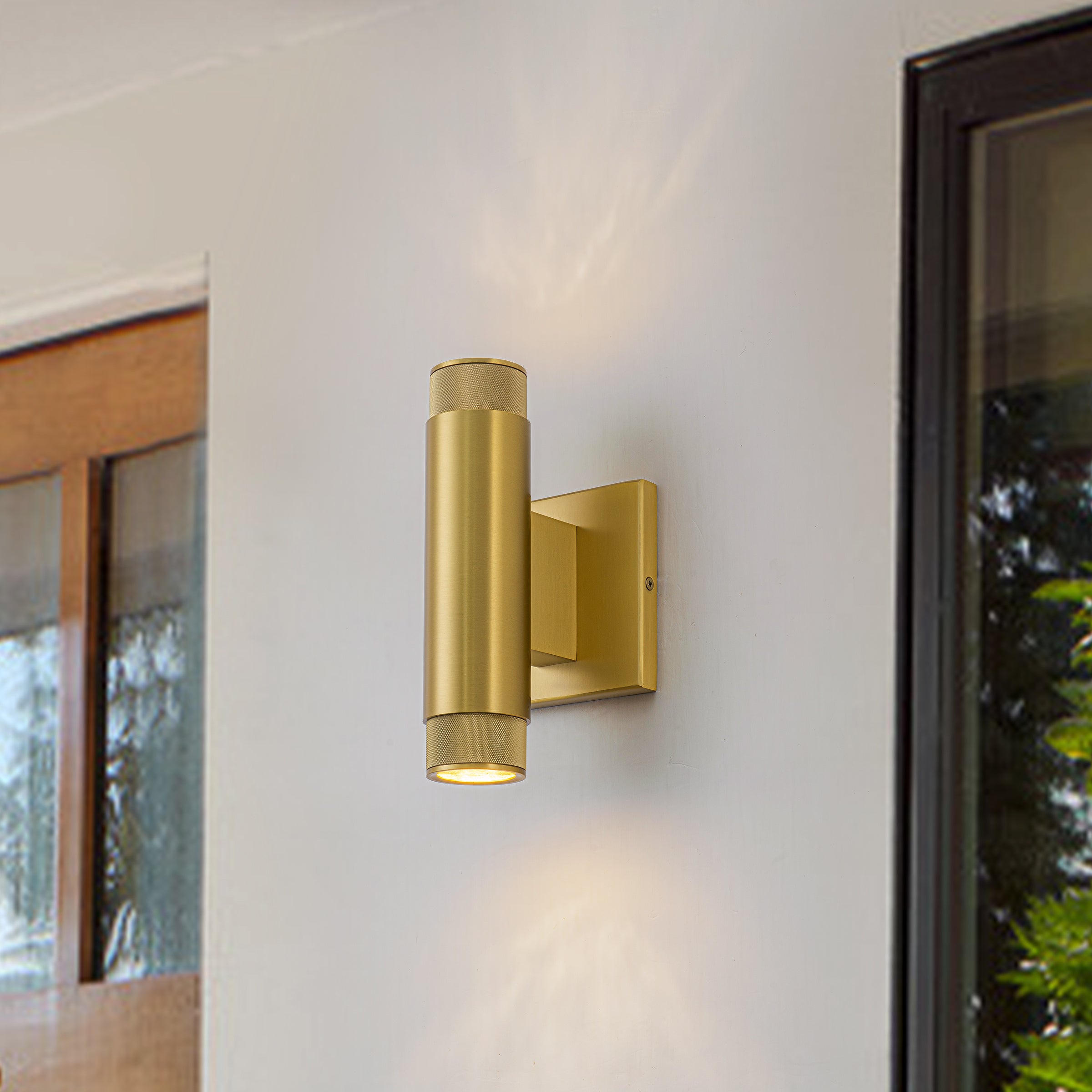 Glowlings 2-Light Modern 9"High Knurled Brass Up & Down Cylinder LED Outdoor Wall Sconce Porch Light