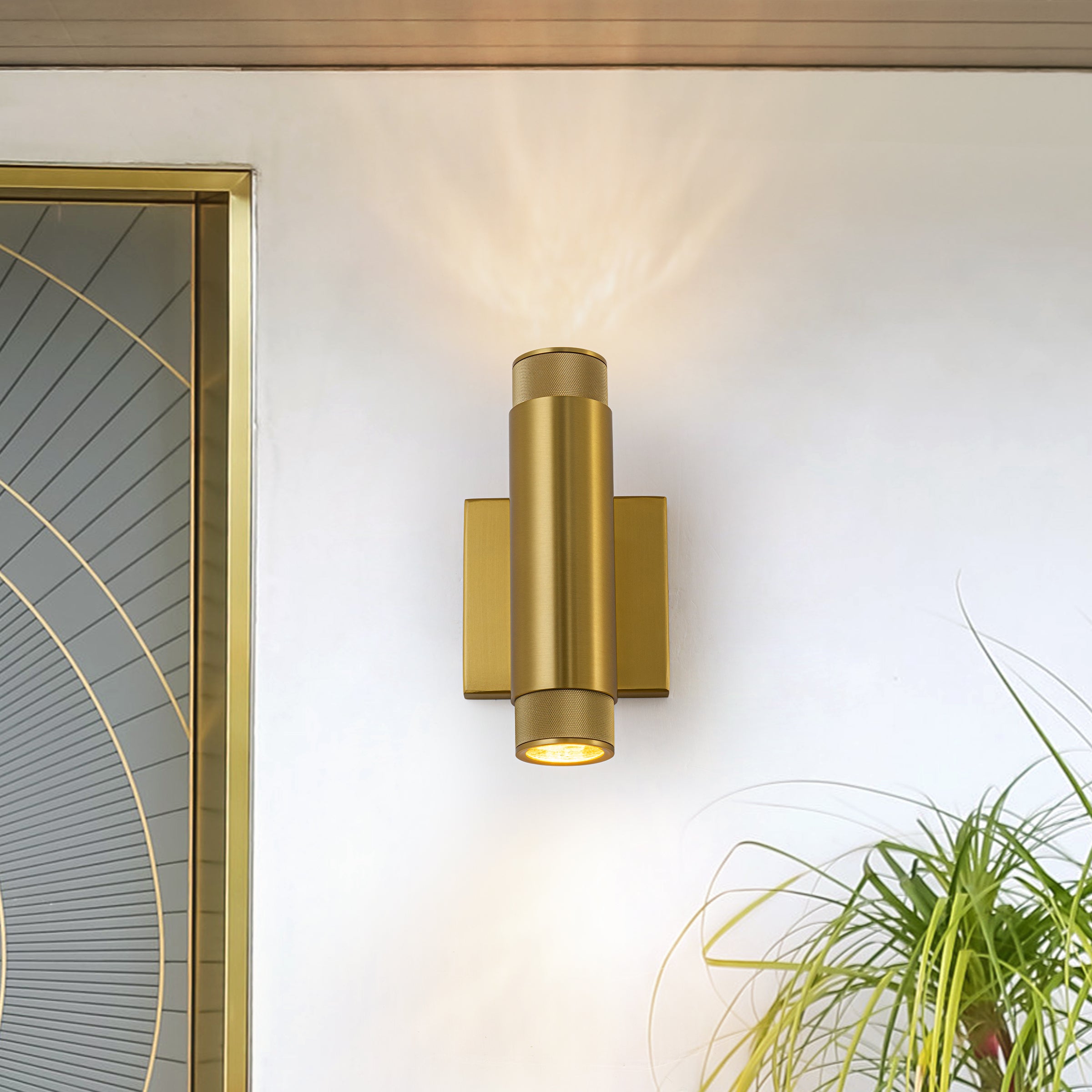 Glowlings 2-Light Modern 9"High Knurled Brass Up & Down Cylinder LED Outdoor Wall Sconce Porch Light